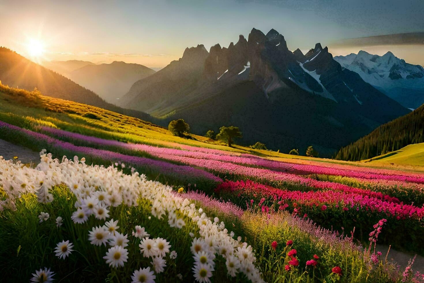 a Sol sobe sobre a montanhas e flores dentro a primeiro plano. gerado por IA foto