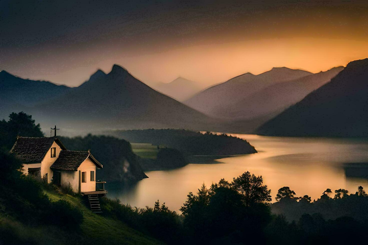 uma pequeno casa senta em a Beira do uma lago às pôr do sol. gerado por IA foto