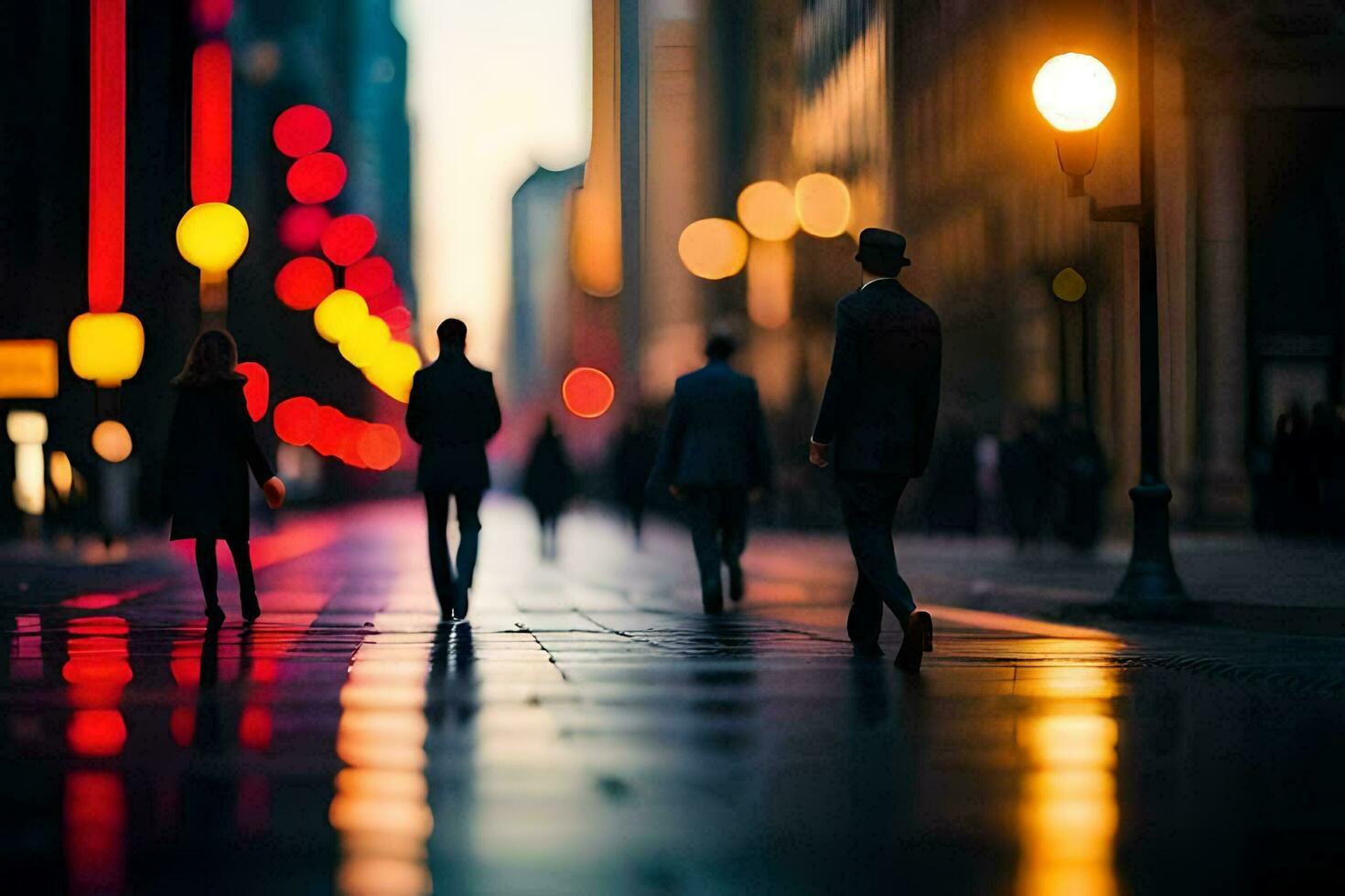 pessoas caminhando em uma cidade rua às noite com luzes. gerado por IA foto