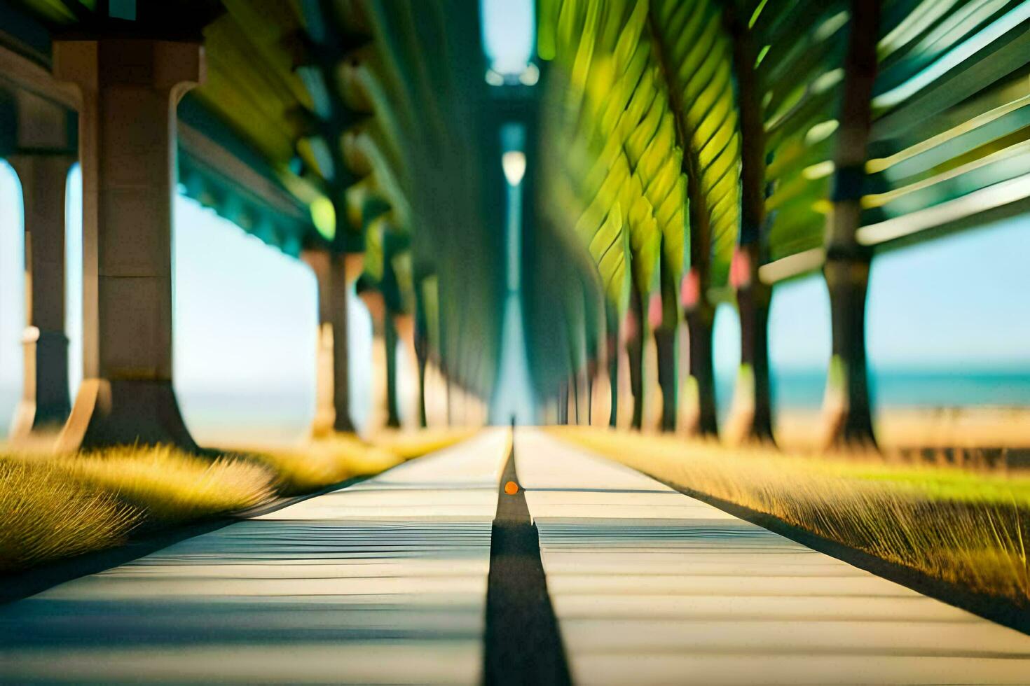 uma grandes estrada com árvores e Relva em ambos lados. gerado por IA foto