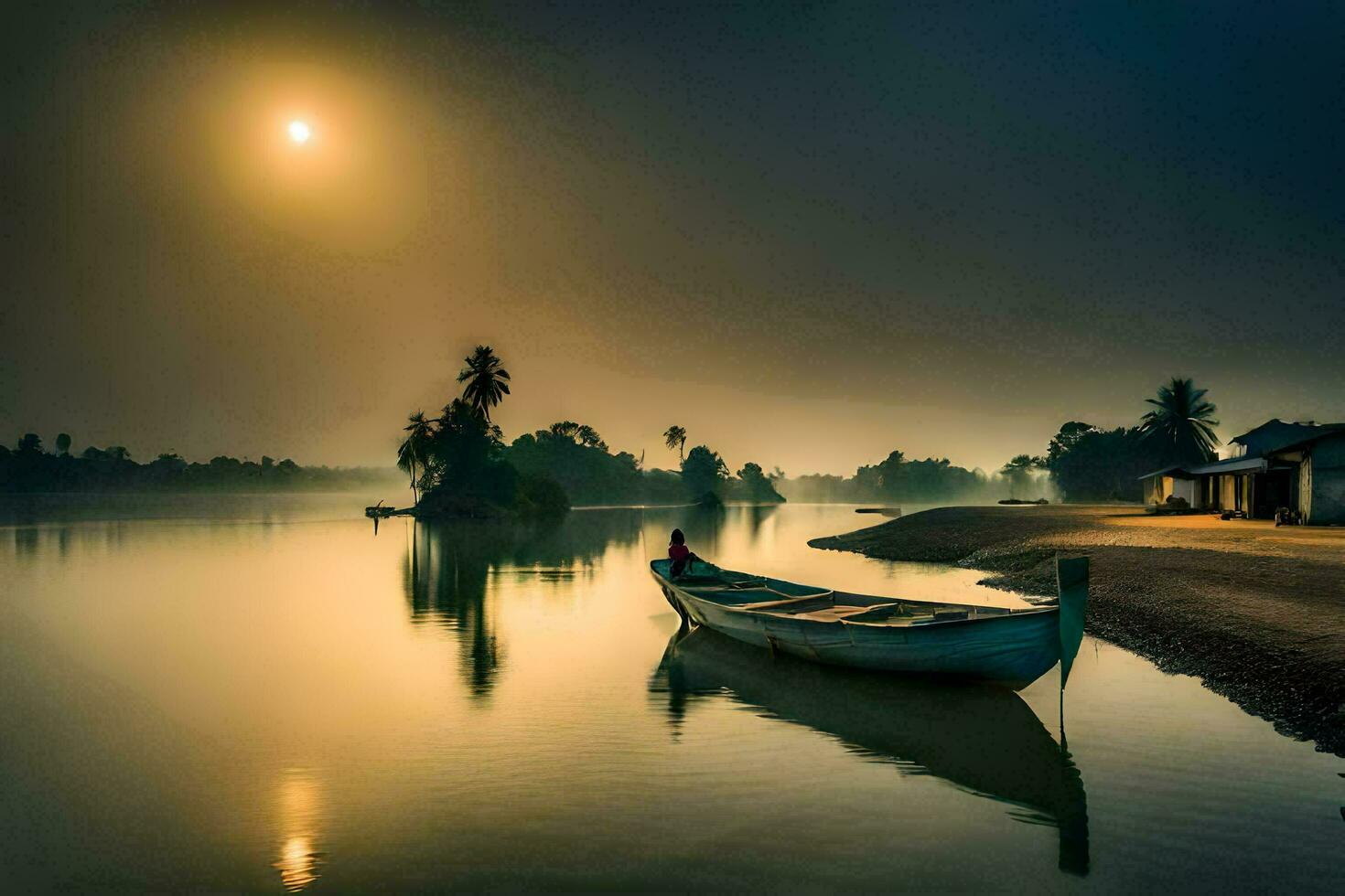 uma barco senta em a costa do uma rio às nascer do sol. gerado por IA foto