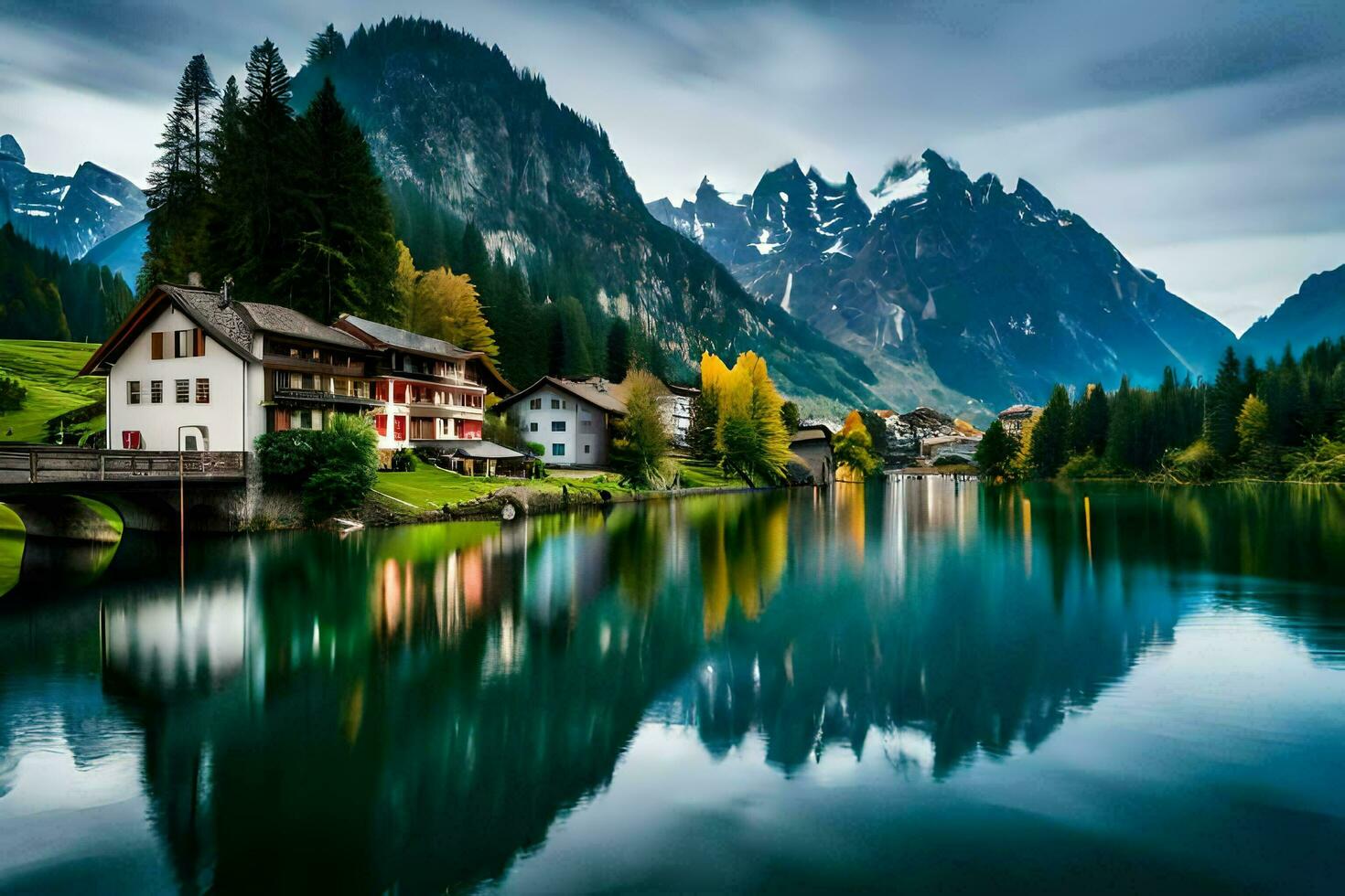 uma lago e montanhas dentro a fundo. gerado por IA foto