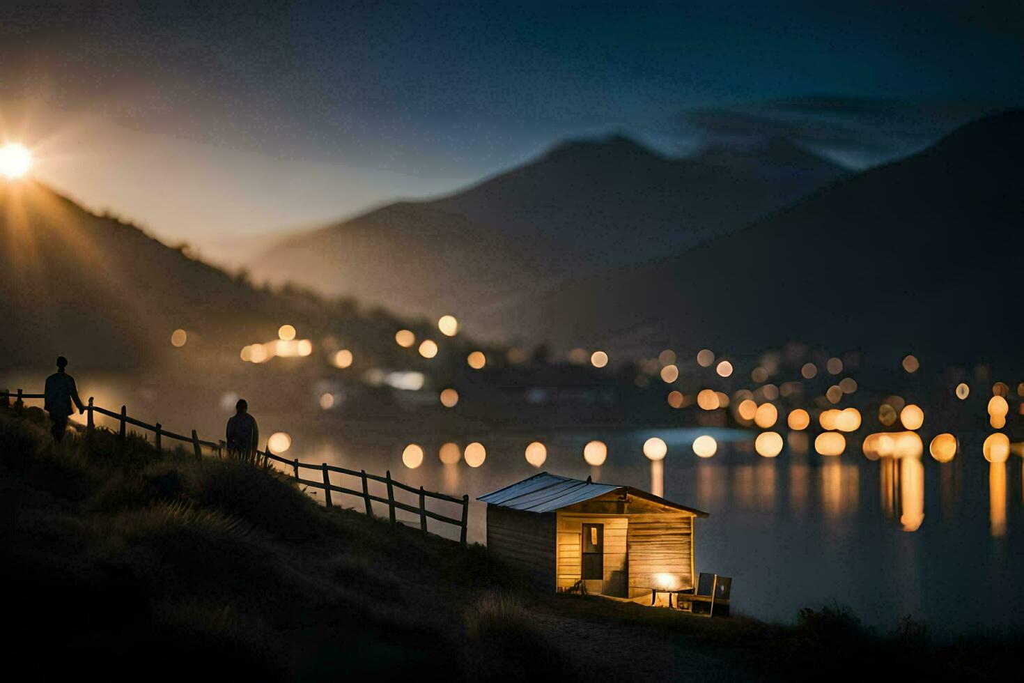 uma casal senta em uma Banco negligenciar uma lago às noite. gerado por IA foto