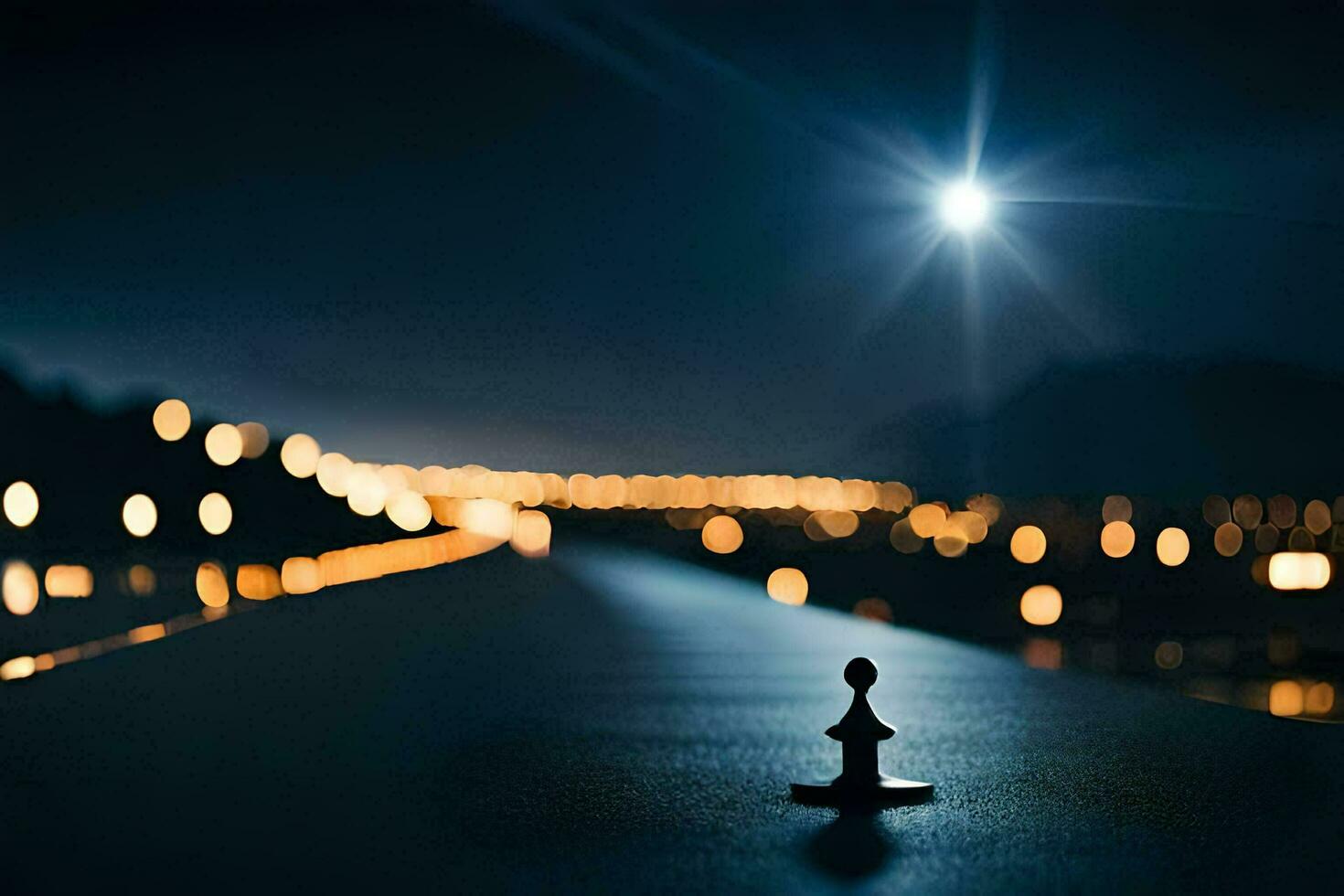 uma solitário figura carrinhos em uma ponte às noite. gerado por IA foto