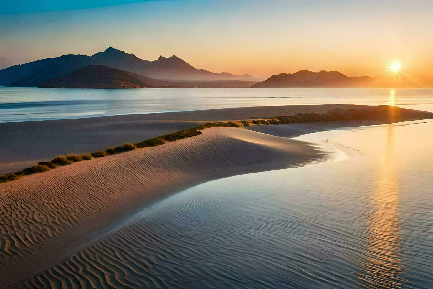 a Sol conjuntos sobre uma de praia e montanhas. gerado por IA foto