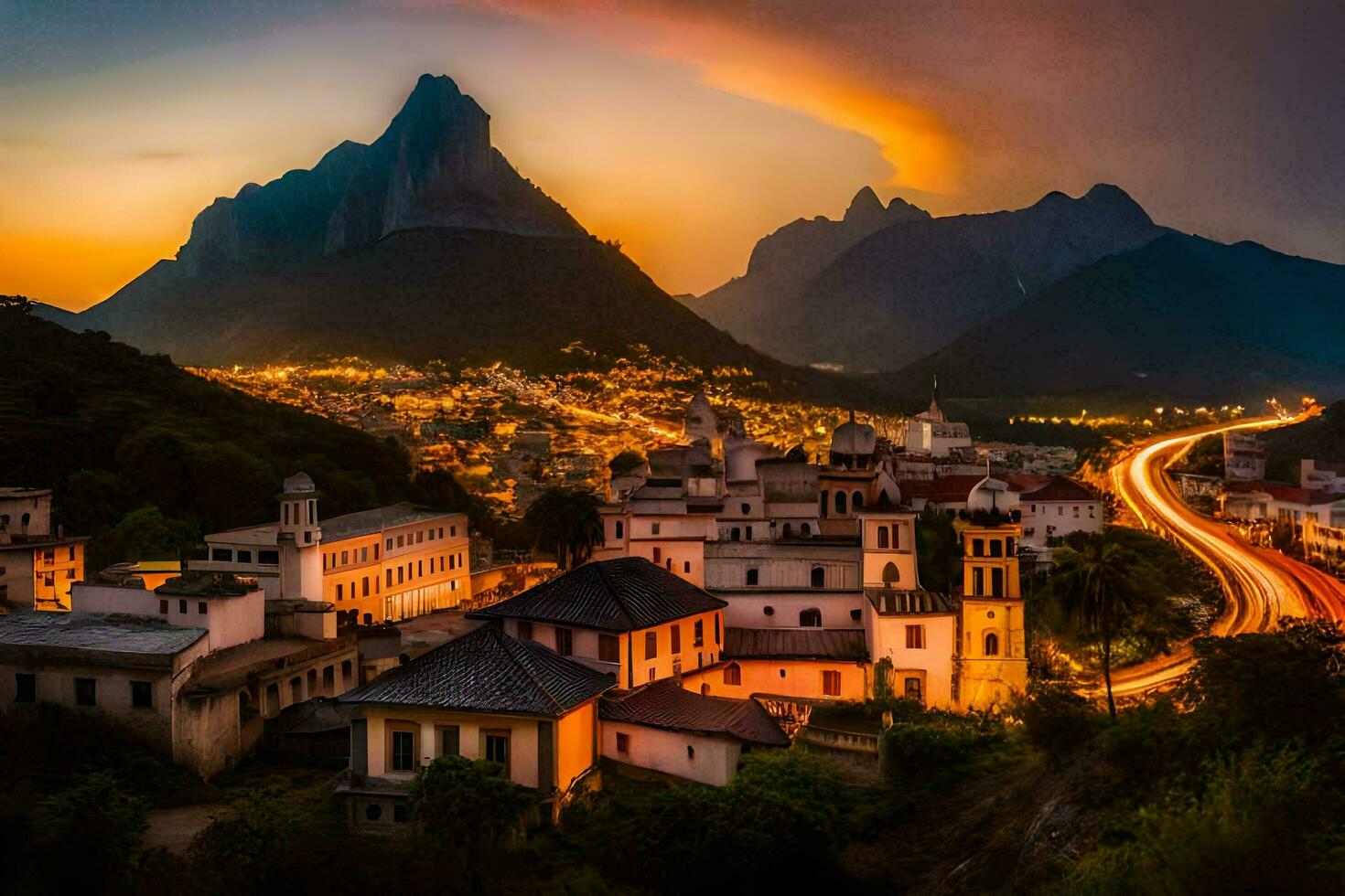 uma Cidade e montanhas às pôr do sol. gerado por IA foto