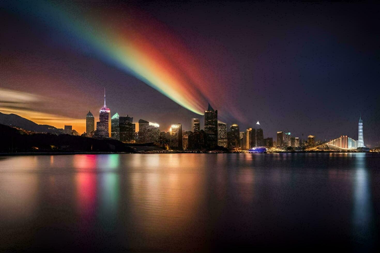 arco Iris sobre a cidade Horizonte às noite. gerado por IA foto