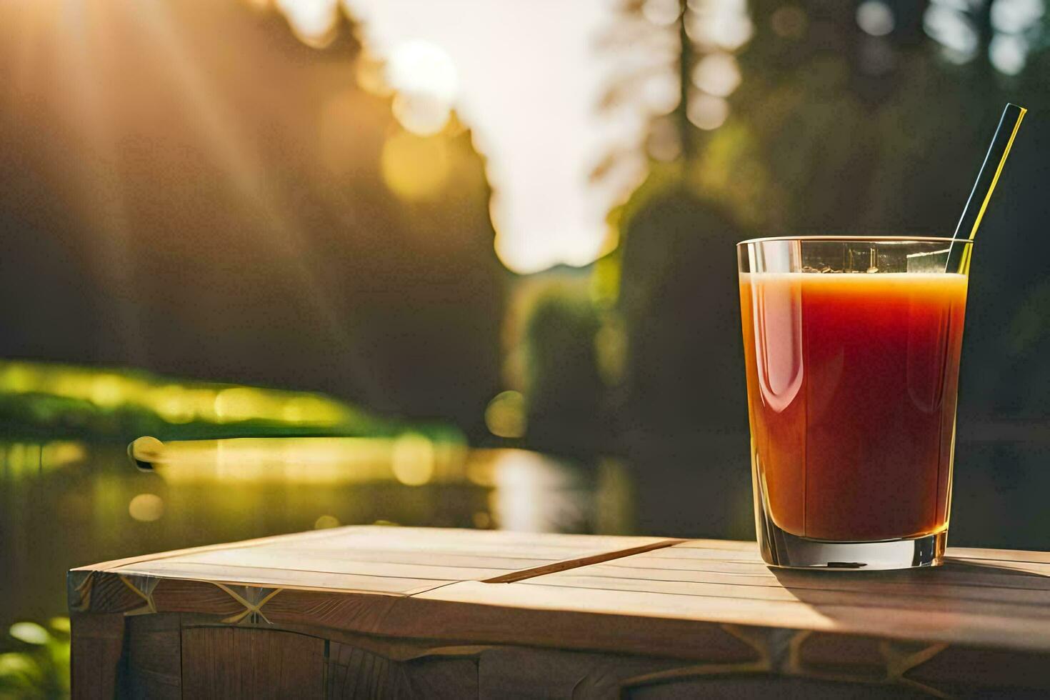 uma vidro do laranja suco em uma de madeira mesa. gerado por IA foto