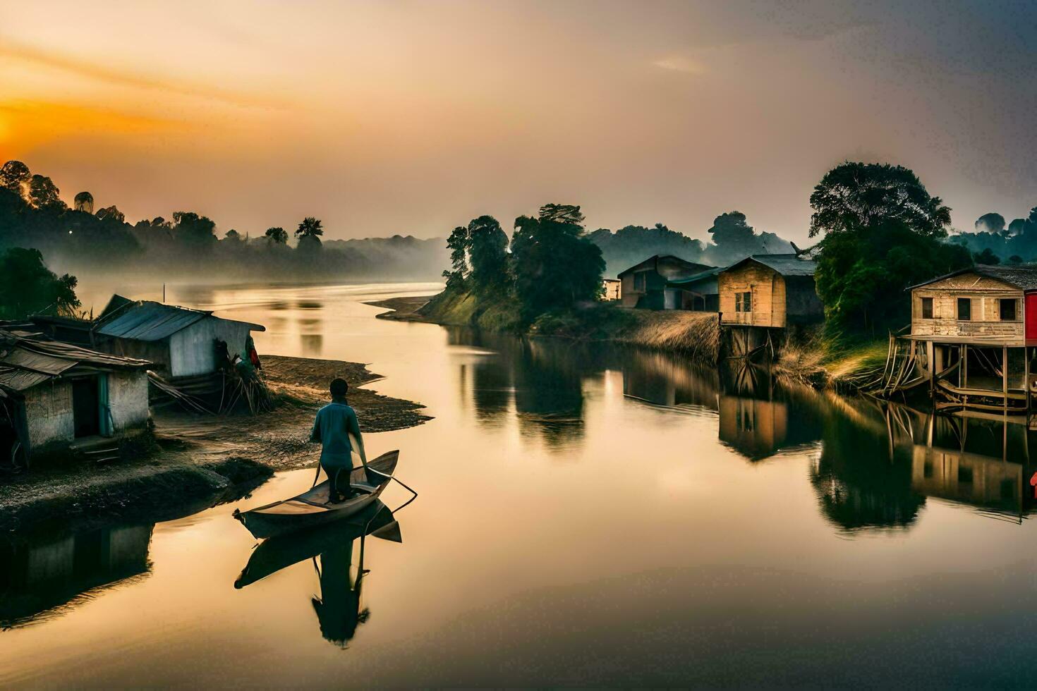 uma homem dentro uma barco em a rio às pôr do sol. gerado por IA foto