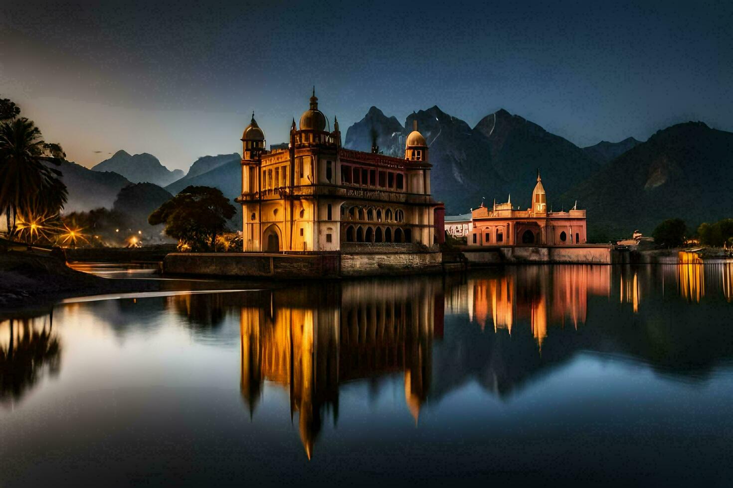 a Palácio do a lago às crepúsculo. gerado por IA foto