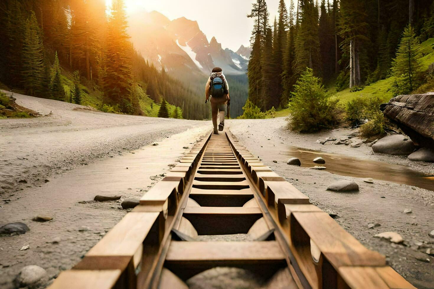 uma homem caminhando em uma de madeira rastrear dentro a montanhas. gerado por IA foto