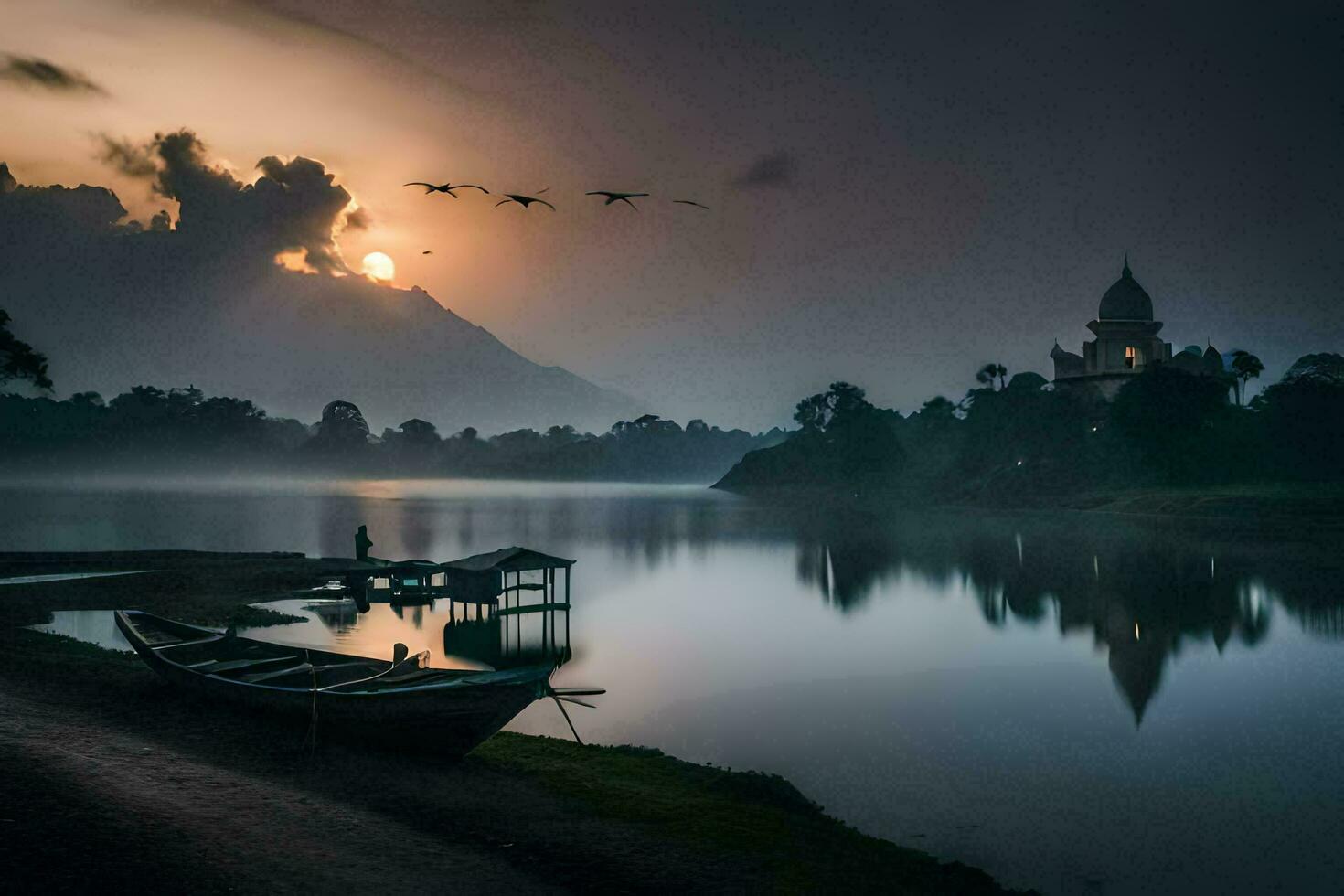 uma barco senta em a costa do uma lago às nascer do sol. gerado por IA foto