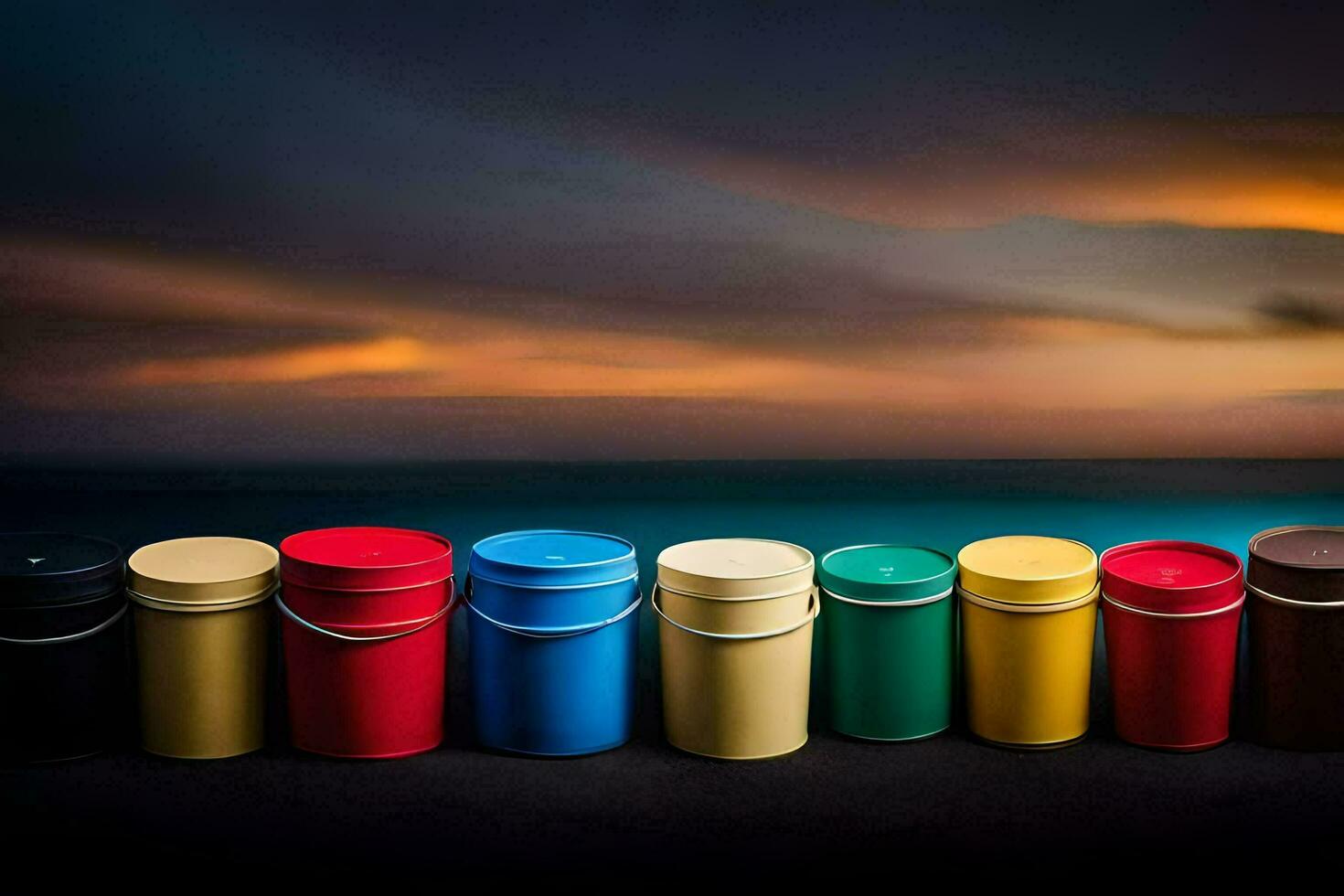 colorida baldes forrado acima contra a oceano às pôr do sol. gerado por IA foto