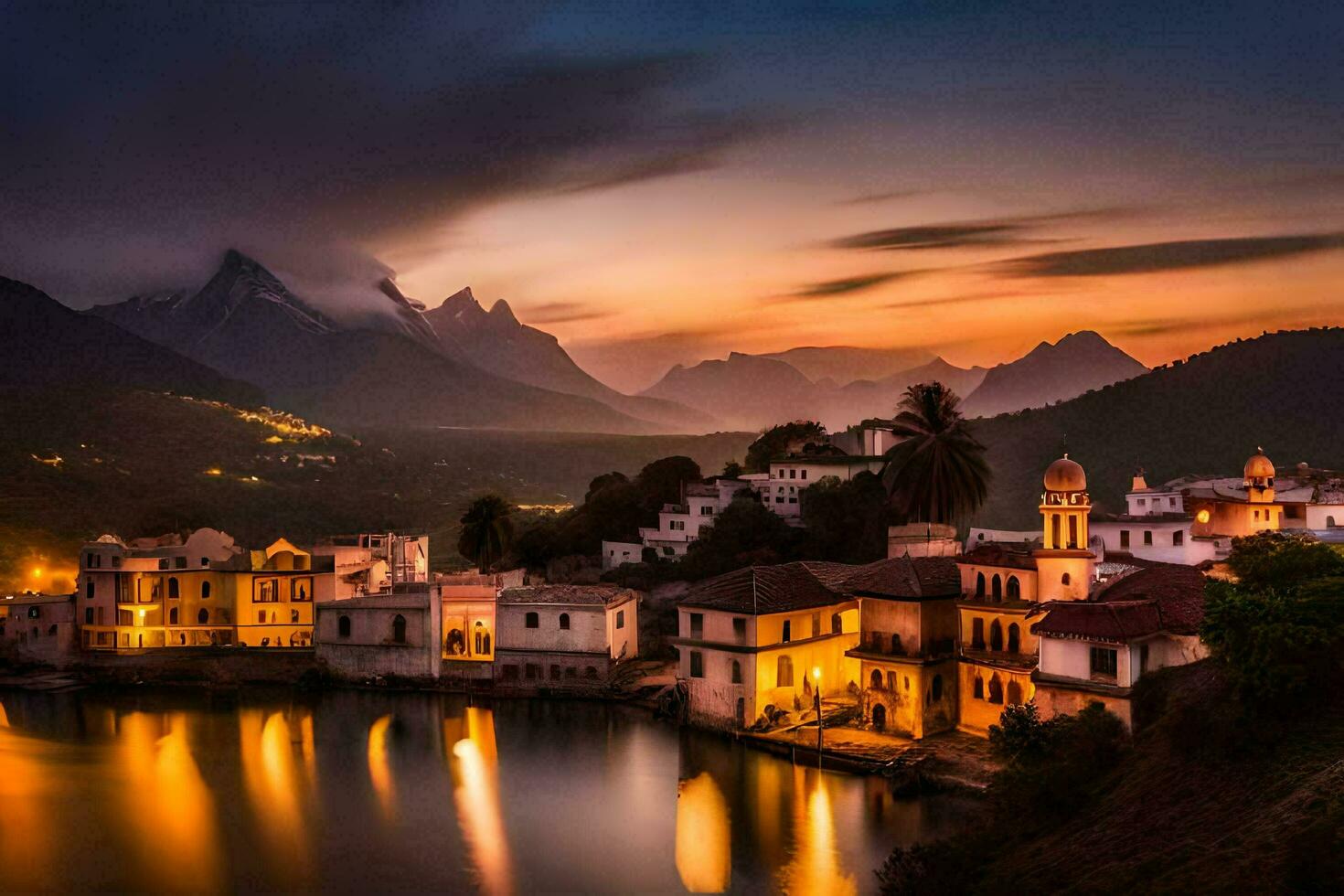 uma Cidade senta em a costa do uma lago às pôr do sol. gerado por IA foto