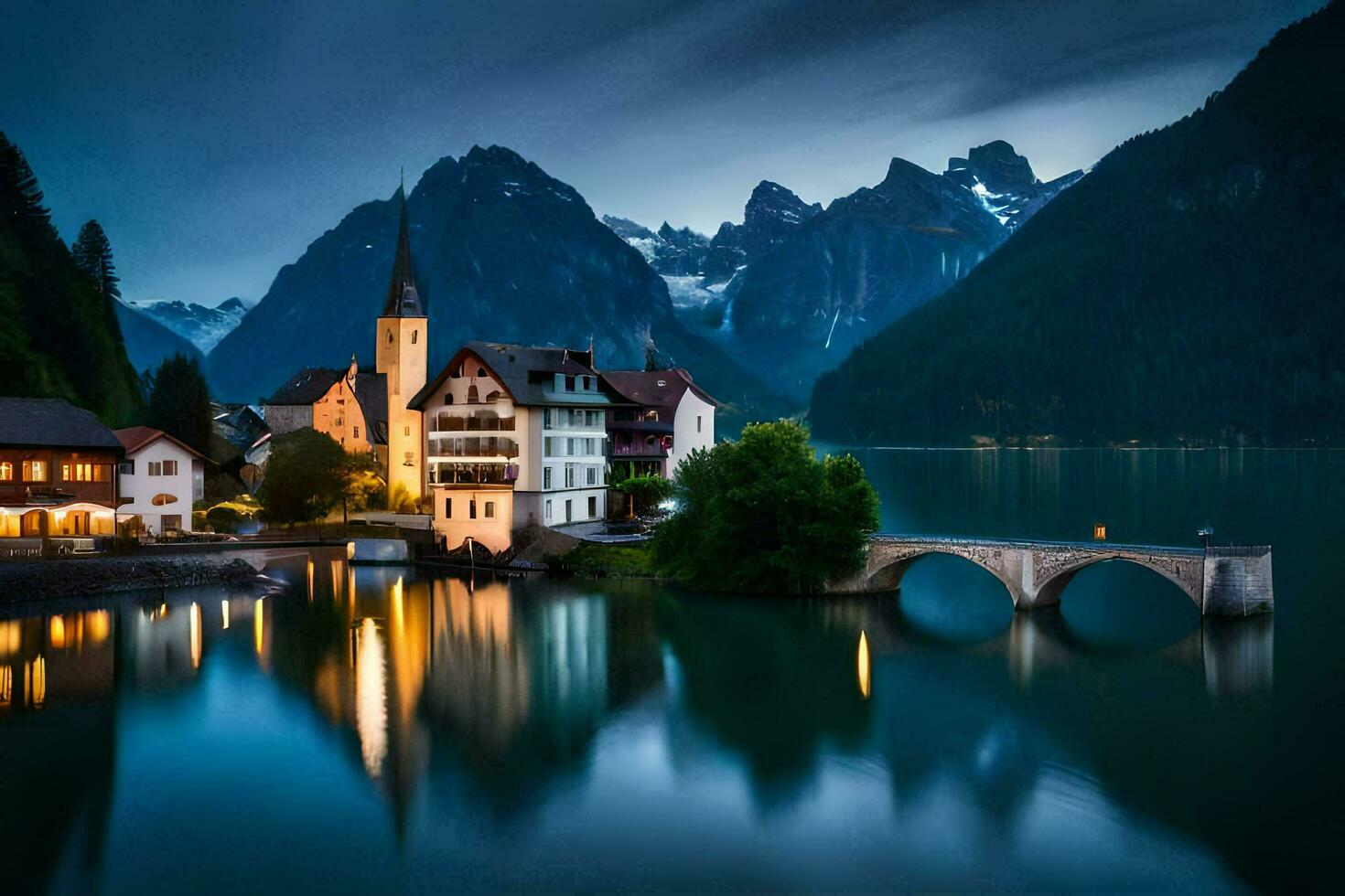 uma Cidade dentro a montanhas às noite. gerado por IA foto