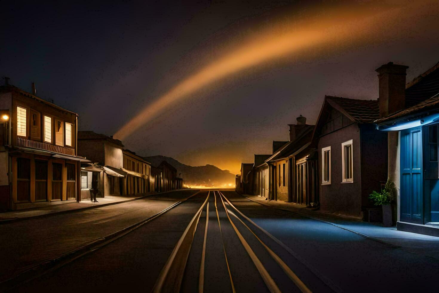 uma grandes exposição fotografia do uma rua às noite. gerado por IA foto