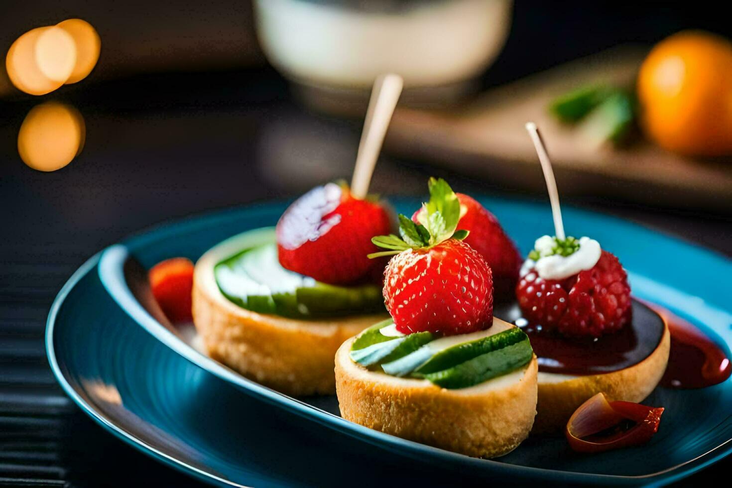 pequeno aperitivos com morangos e pepinos em uma azul placa. gerado por IA foto