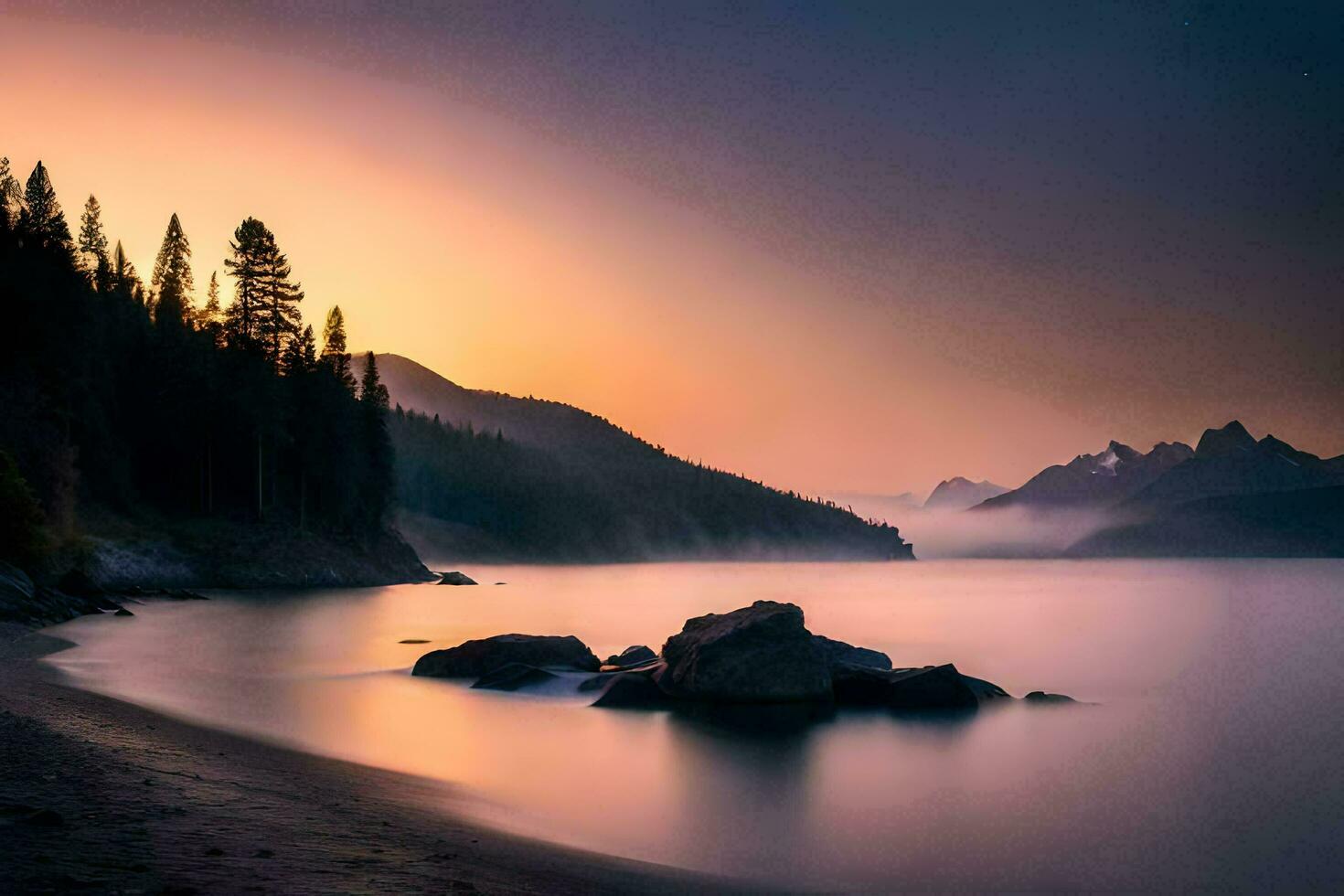 uma lindo pôr do sol sobre uma lago e montanhas. gerado por IA foto