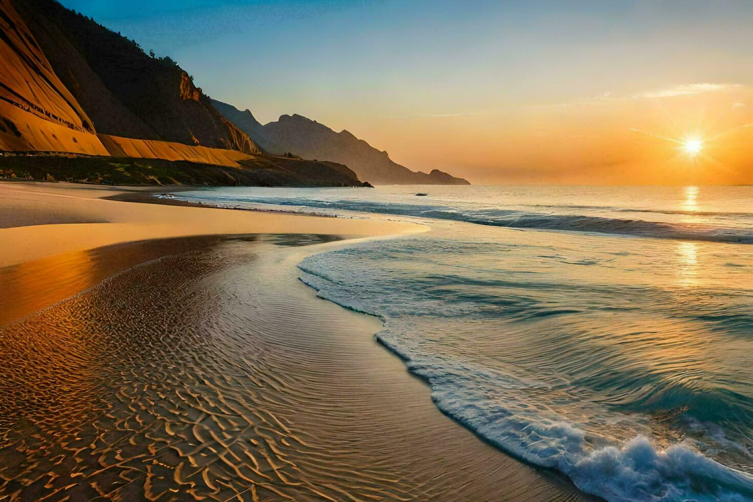 a Sol sobe sobre a oceano e a ondas batida em a de praia. gerado por IA foto