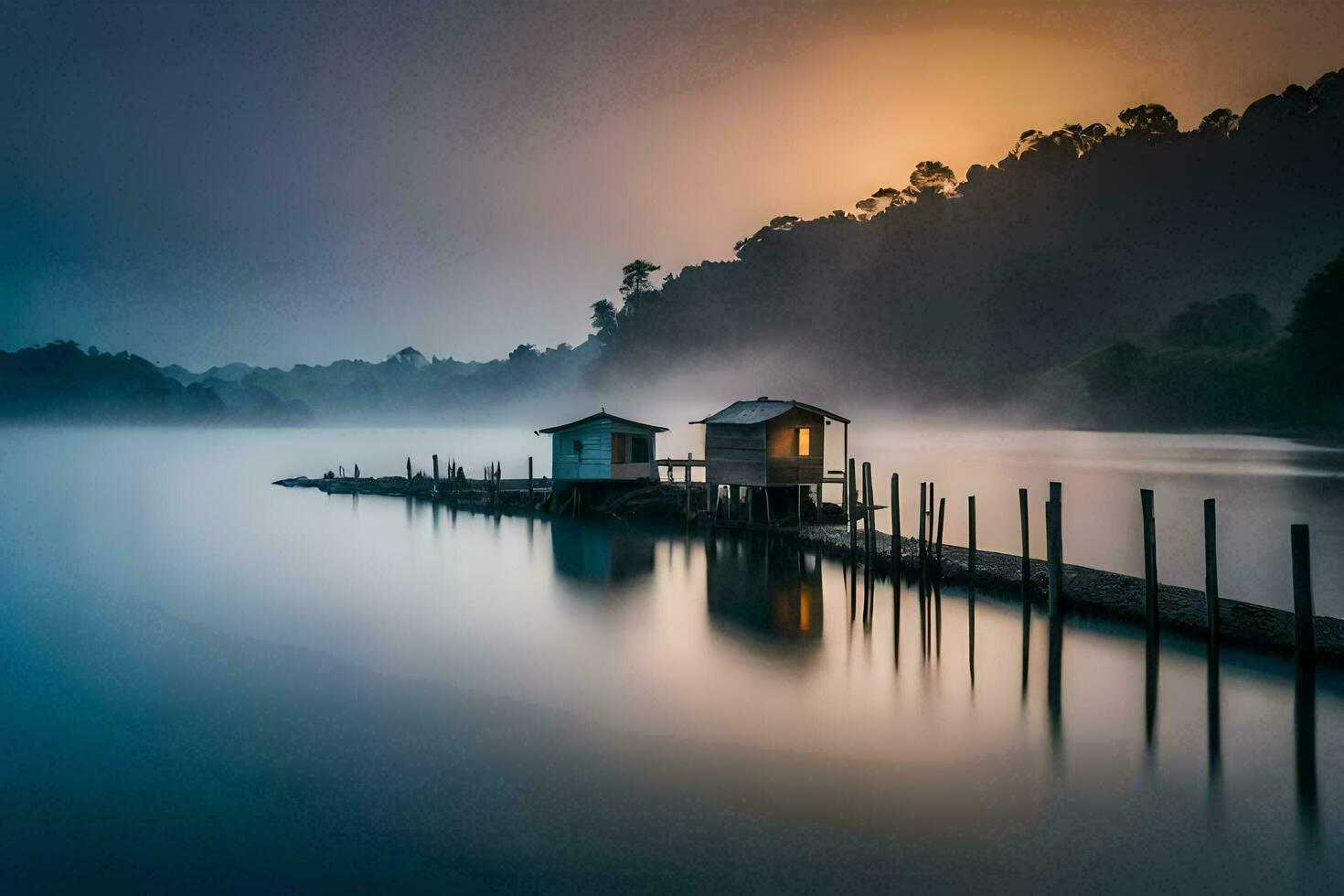 uma barco doca com dois casas em isto às nascer do sol. gerado por IA foto