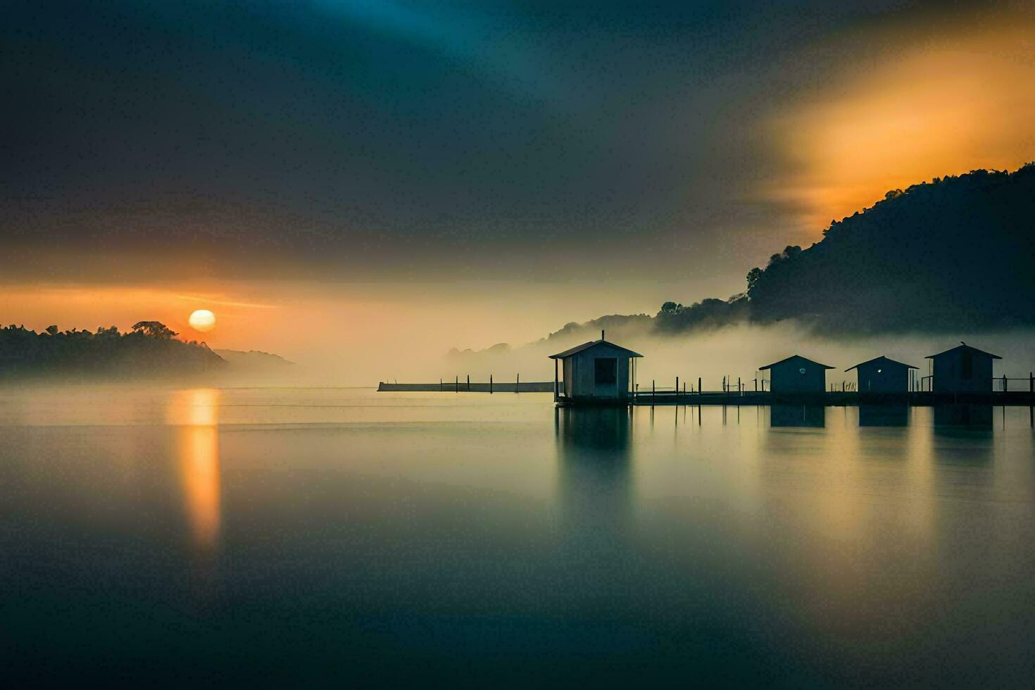 uma barco doca com uma casa em a água às pôr do sol. gerado por IA foto