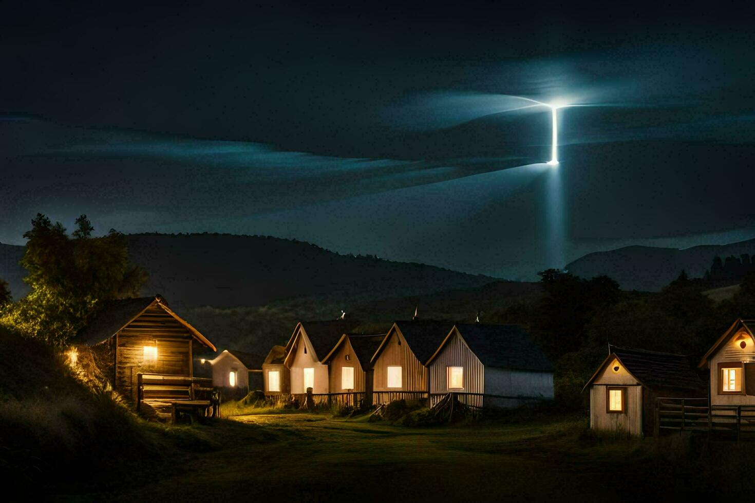 uma luz brilha sobre uma pequeno Cidade às noite. gerado por IA foto