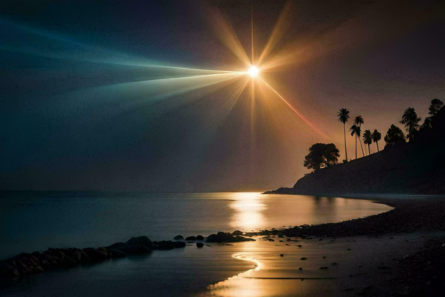 uma brilhante luz brilha sobre a oceano e uma de praia. gerado por IA foto