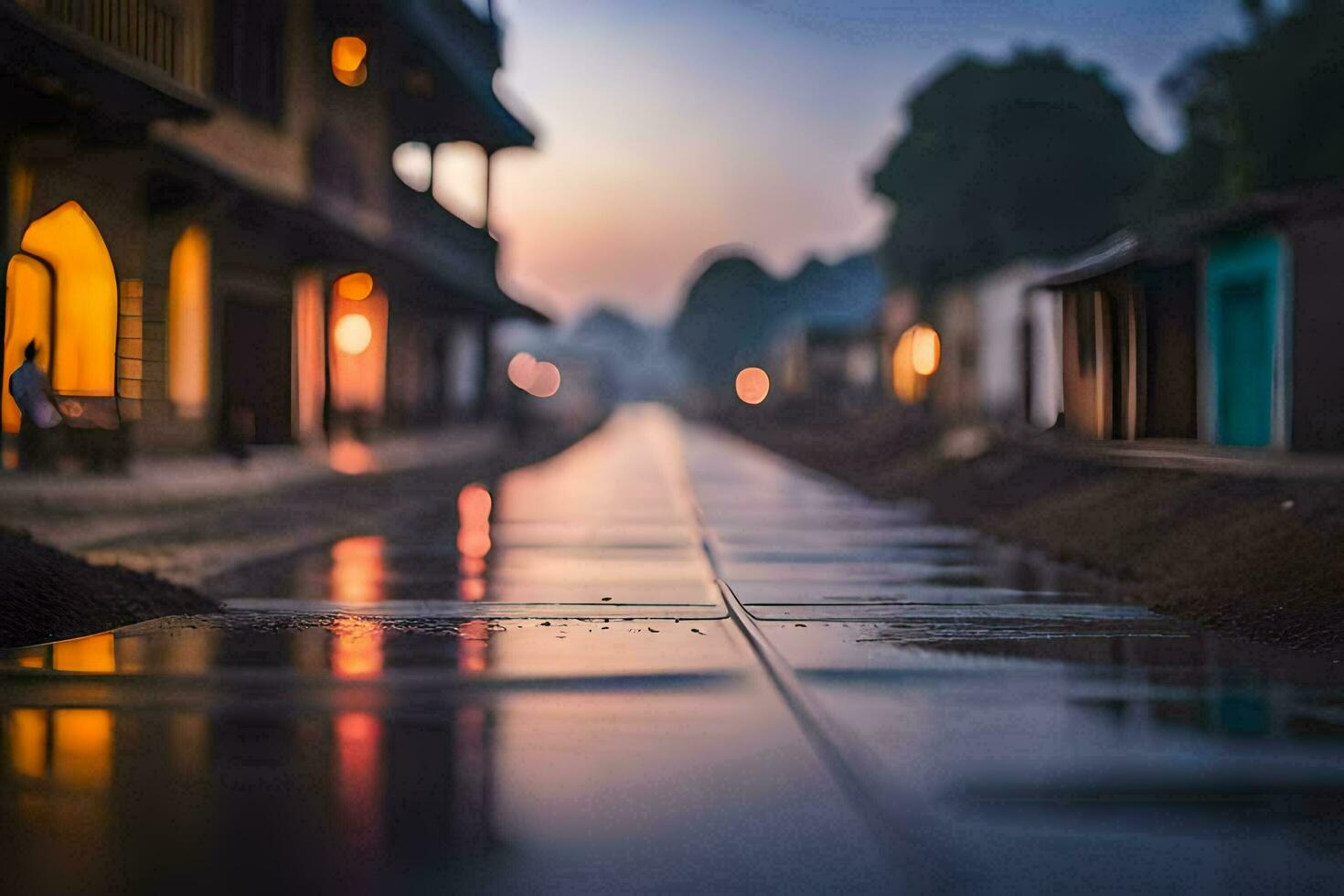 uma molhado rua às crepúsculo com edifícios dentro a fundo. gerado por IA foto