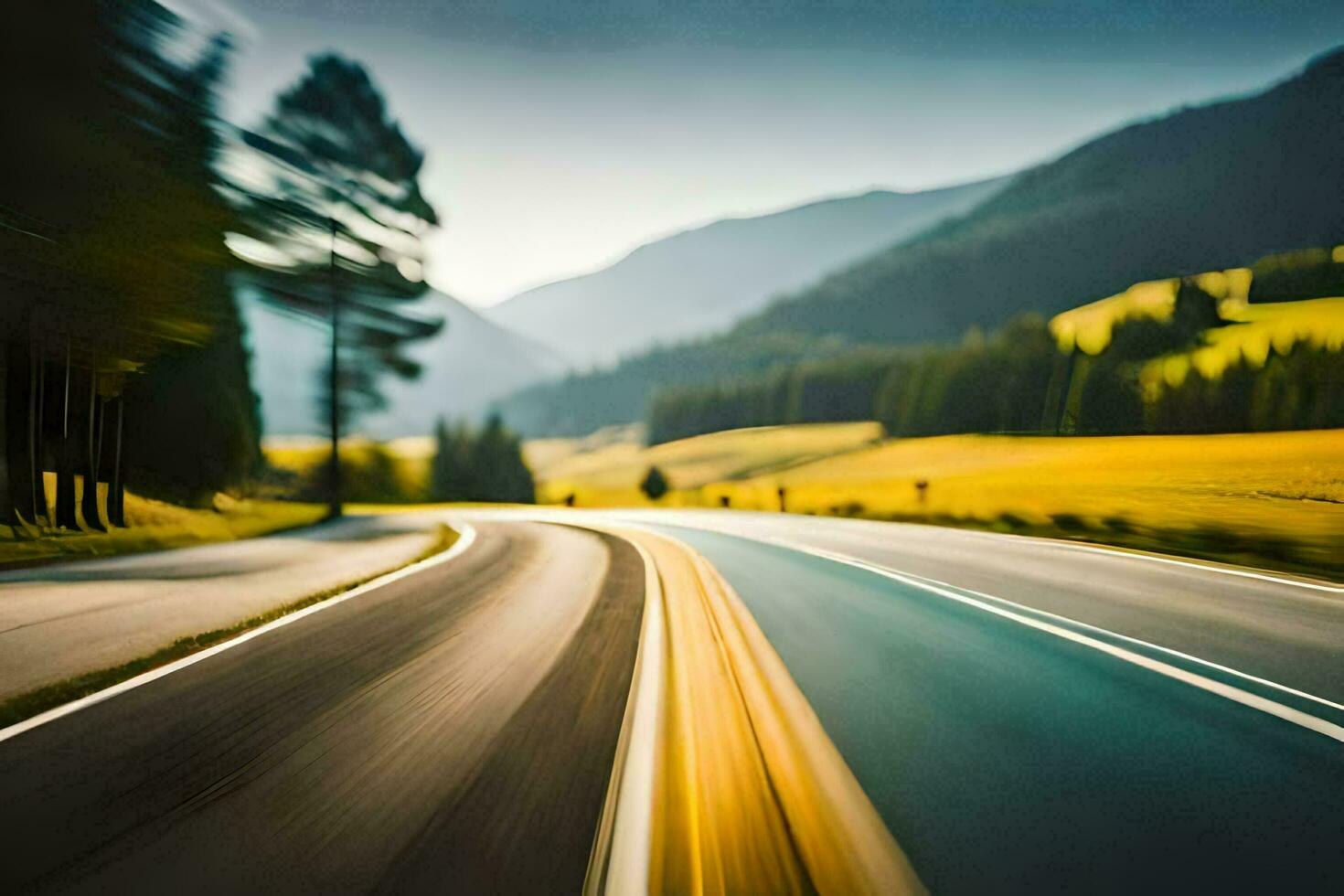 uma embaçado imagem do uma estrada dentro a montanhas. gerado por IA foto