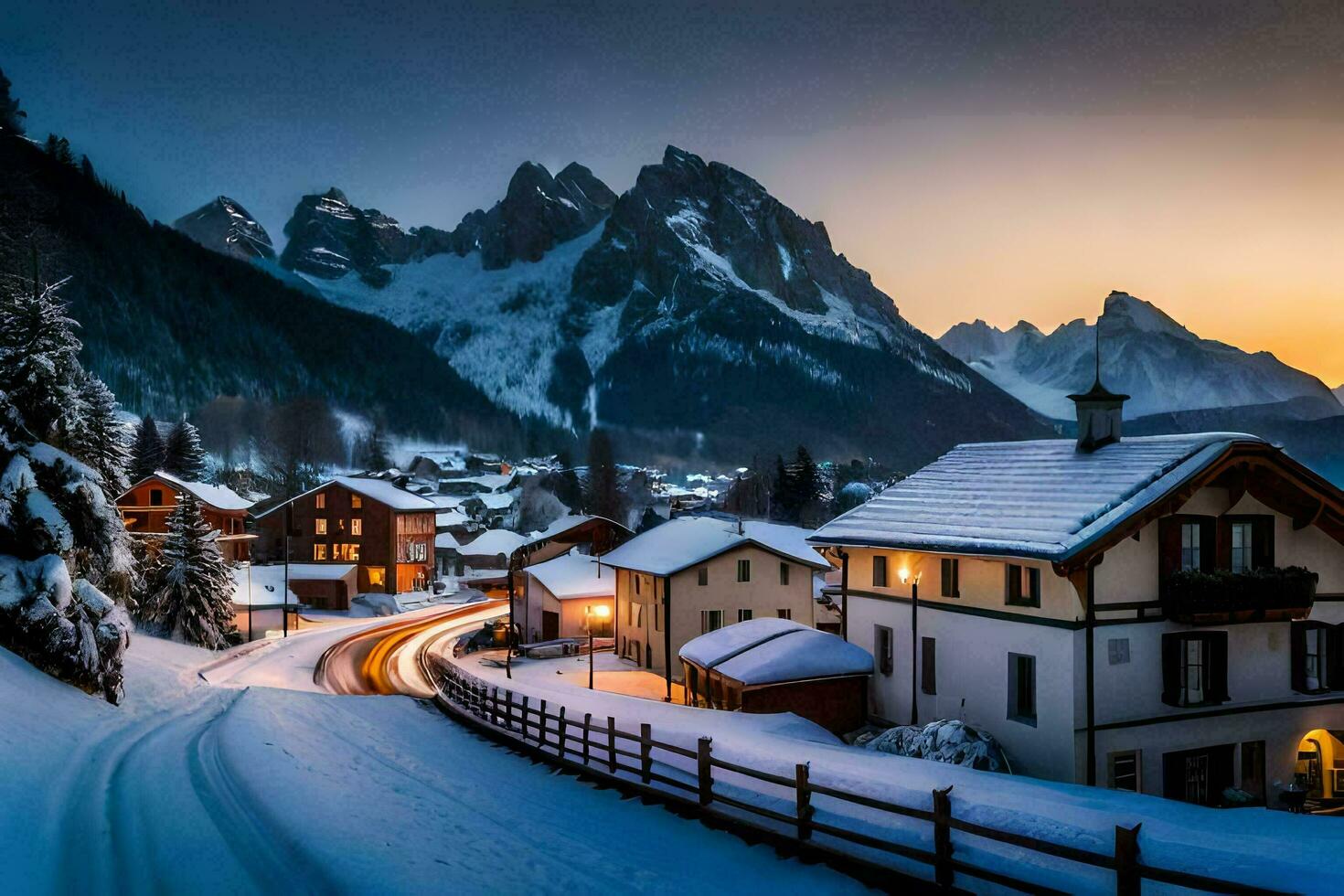 uma Nevado Vila dentro a montanhas às pôr do sol. gerado por IA foto