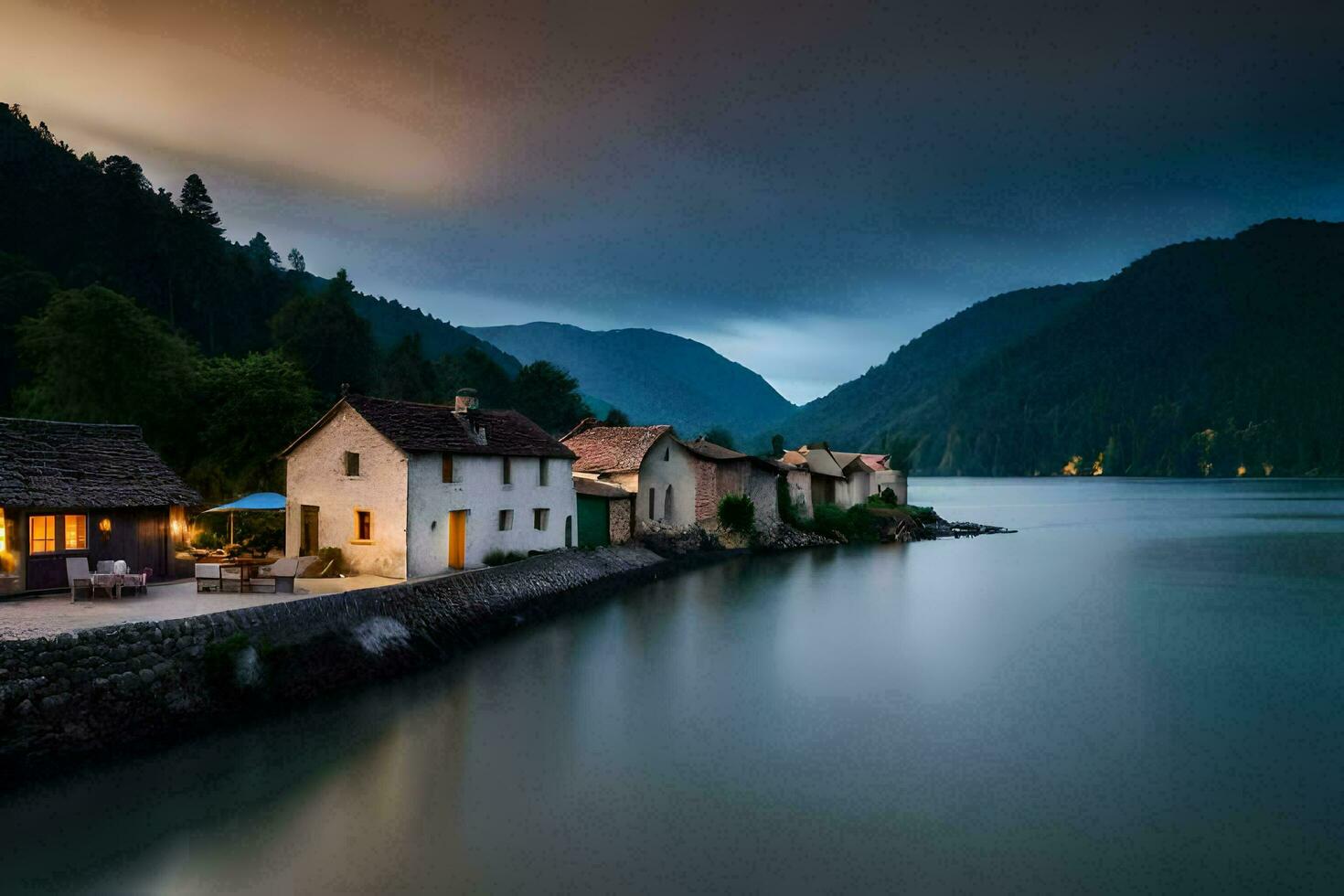 foto papel de parede a céu, lago, montanhas, casa, casa, a escuro, a lago,. gerado por IA