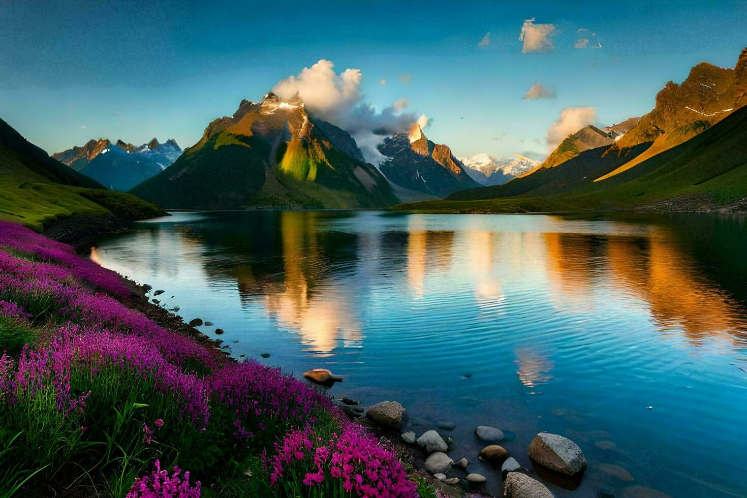 uma lago cercado de montanhas e roxa flores gerado por IA foto
