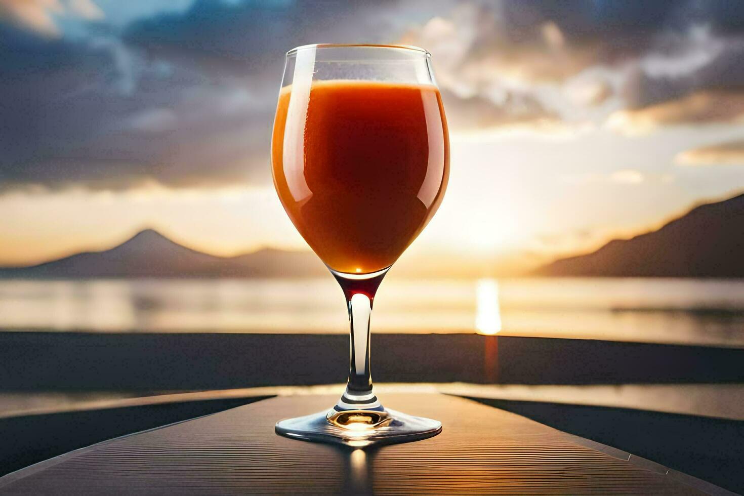 uma vidro do laranja suco em uma mesa dentro frente do uma pôr do sol. gerado por IA foto