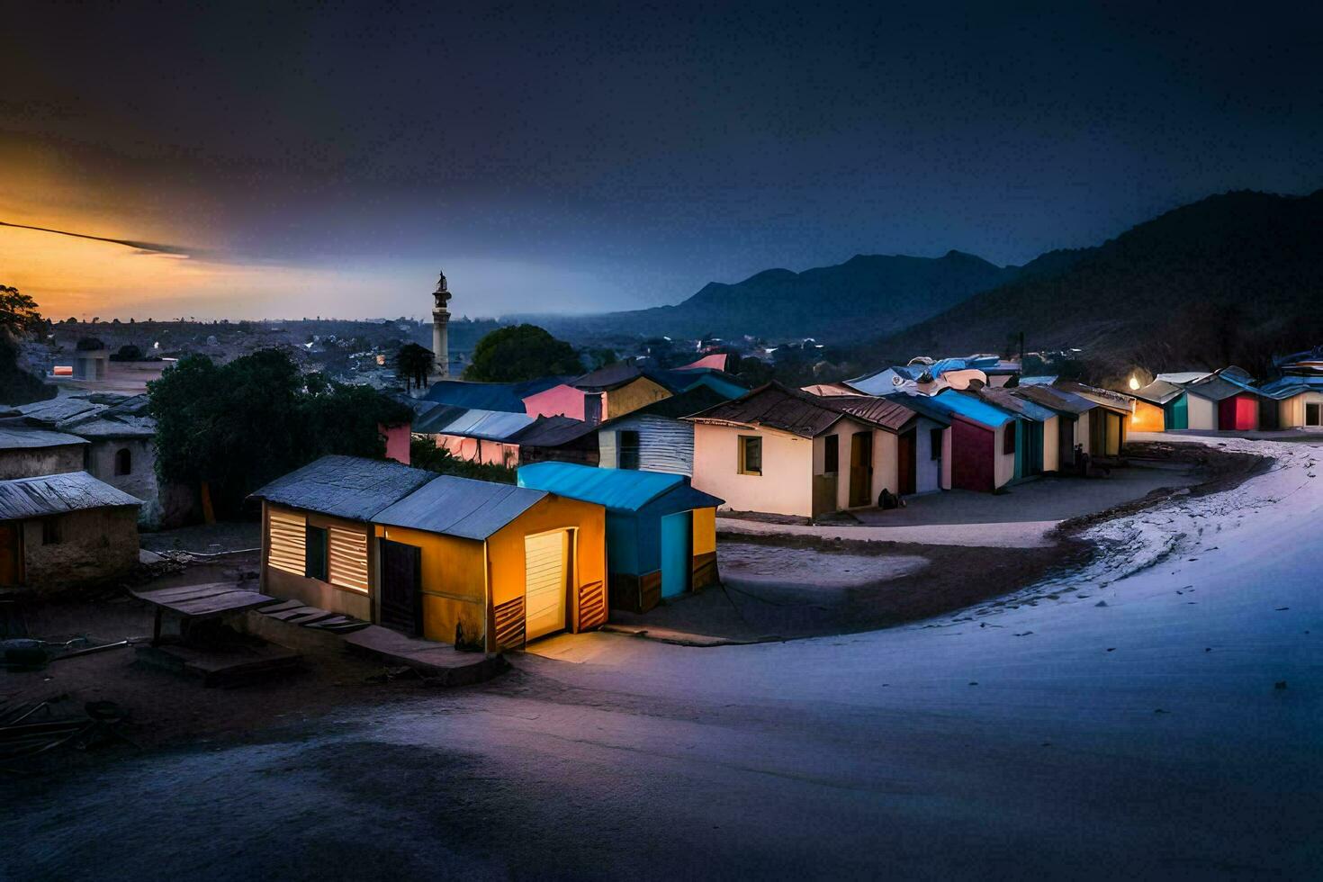 uma Vila às crepúsculo com colorida casas. gerado por IA foto
