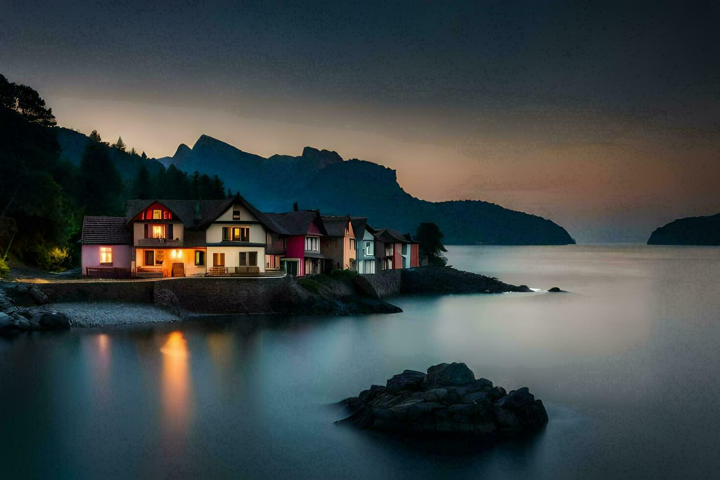 uma casa em a costa do uma lago às crepúsculo. gerado por IA foto