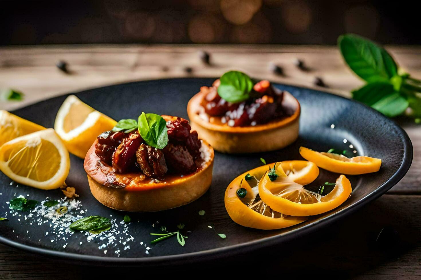 dois mini tortas em uma Preto prato com limão fatias. gerado por IA foto