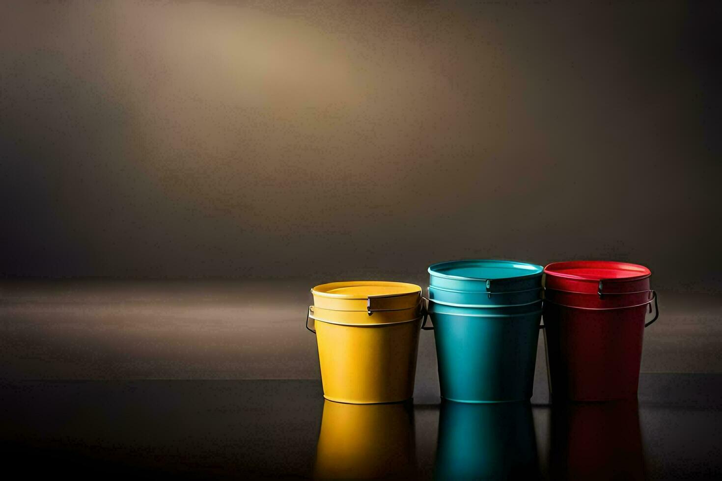 três colorida baldes em uma Sombrio superfície. gerado por IA foto