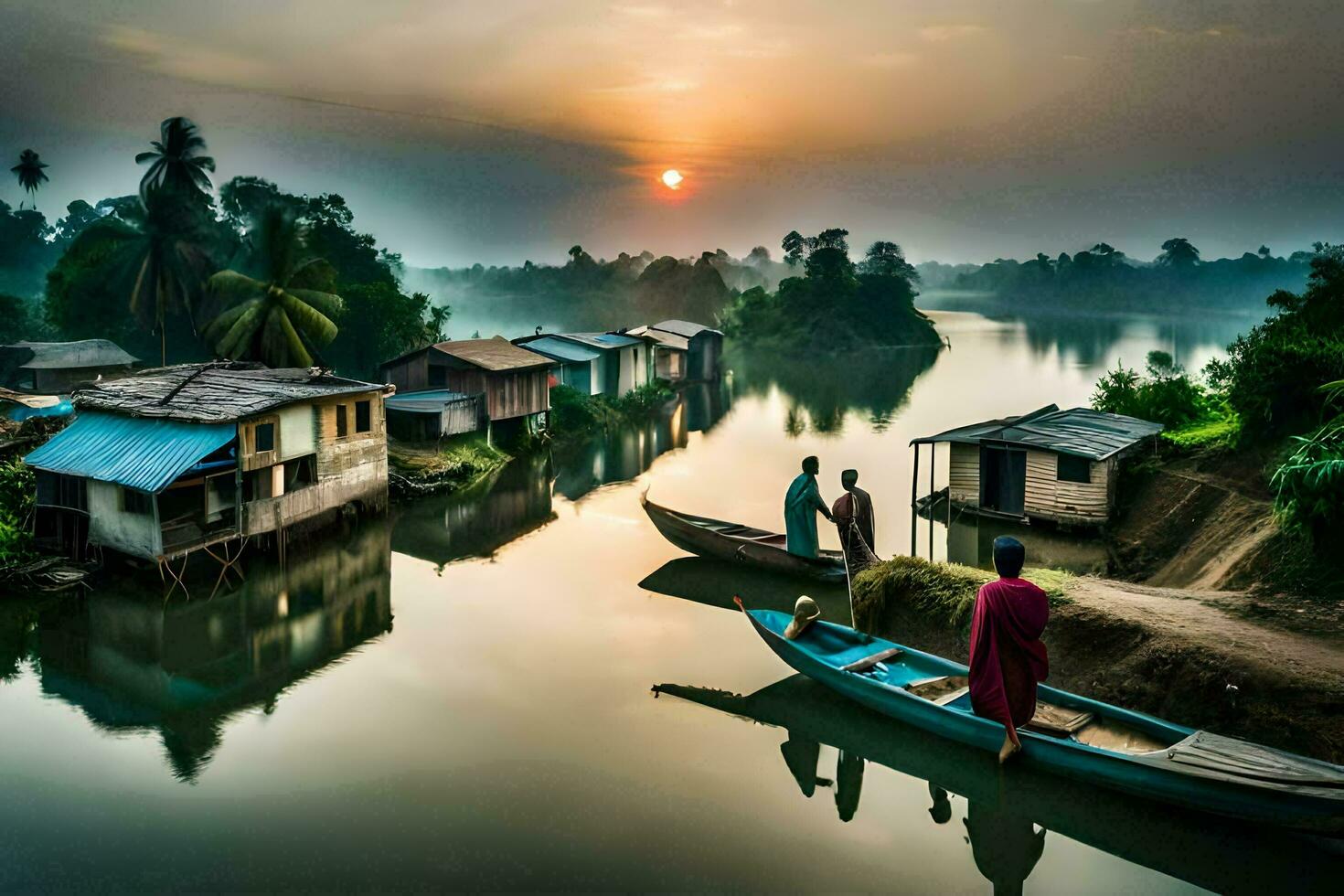uma barco em a rio com casas e pessoas. gerado por IA foto