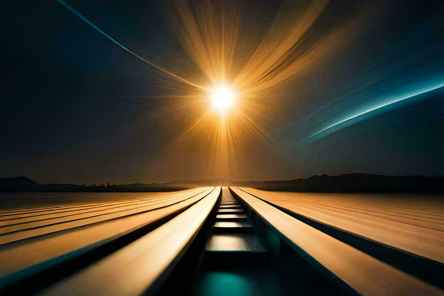 uma trem rastrear com a Sol brilhando dentro a fundo. gerado por IA foto