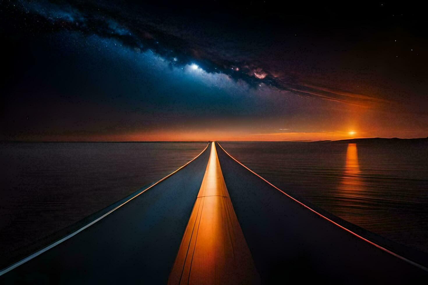 uma grandes estrada conduzindo para a oceano com uma brilhante céu. gerado por IA foto