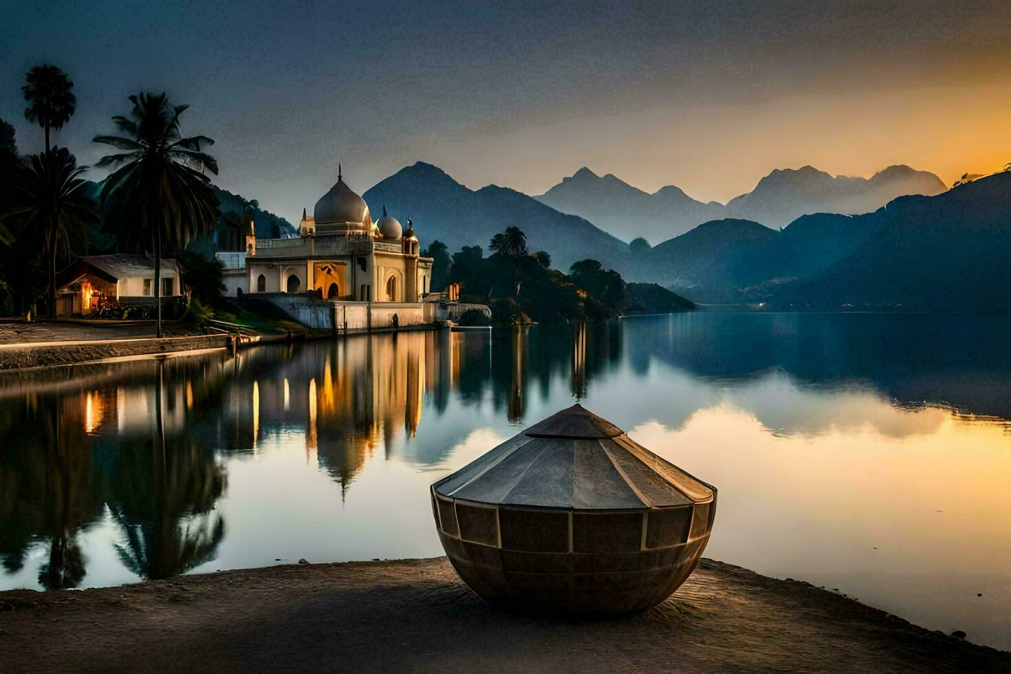 a Sol conjuntos sobre uma lago e uma mesquita. gerado por IA foto