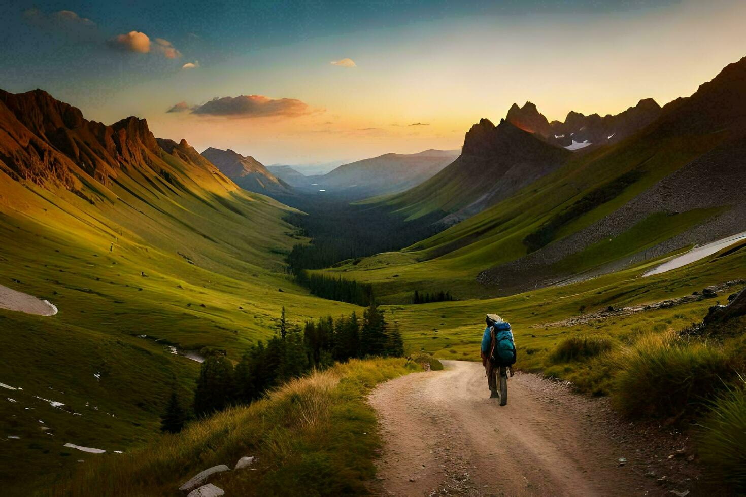 uma pessoa caminhando baixa uma sujeira estrada dentro a montanhas. gerado por IA foto