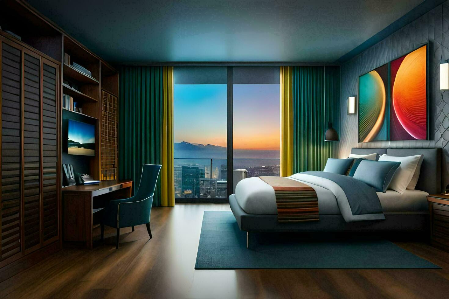 uma quarto com uma Visão do a cidade às pôr do sol. gerado por IA foto