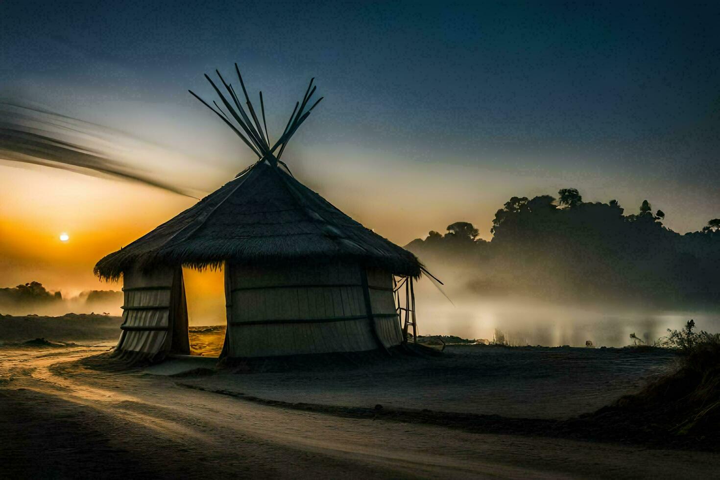 uma cabana com uma cobertura em a de praia às nascer do sol. gerado por IA foto