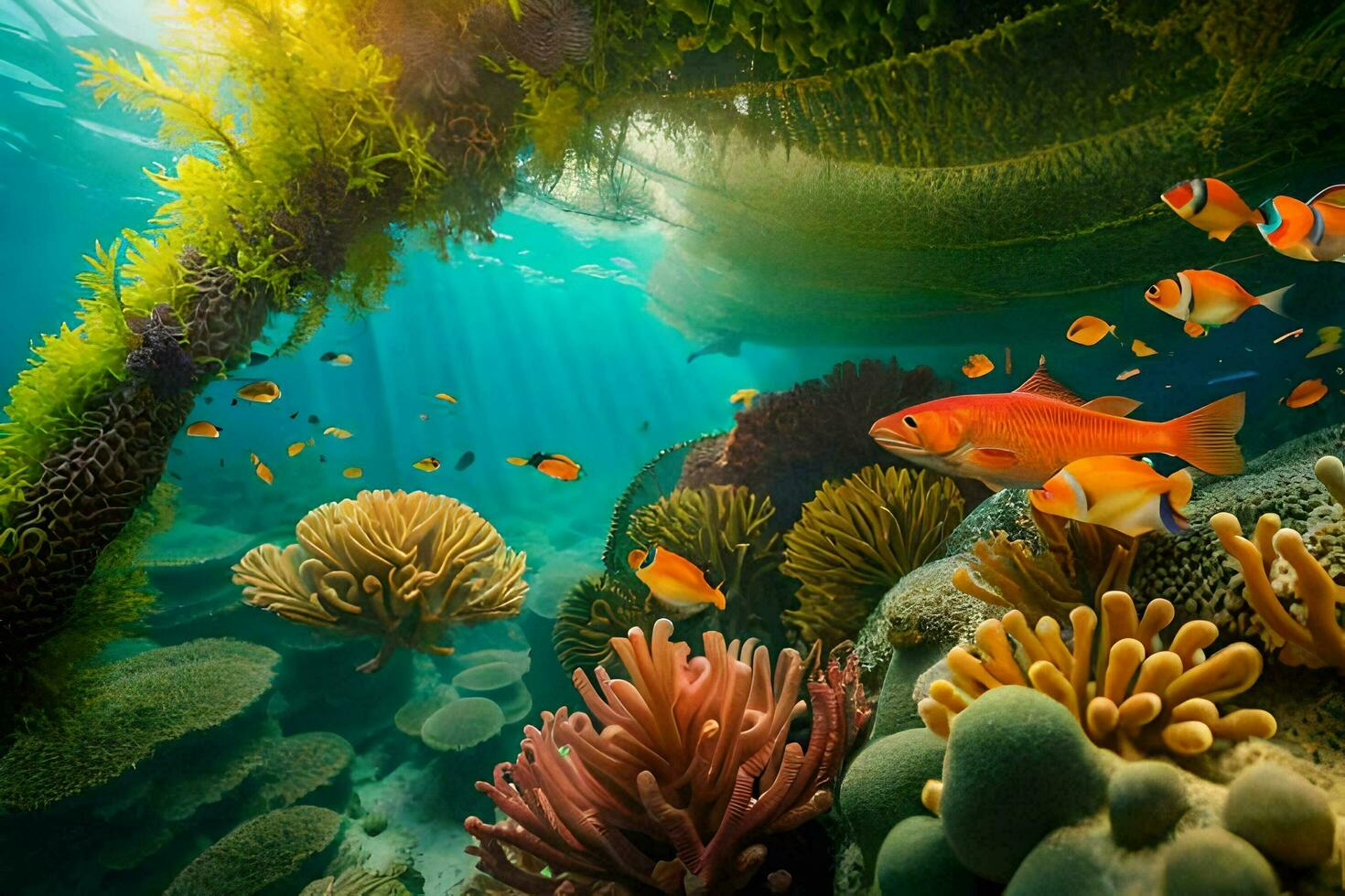 a embaixo da agua cena com coral e peixe. gerado por IA foto