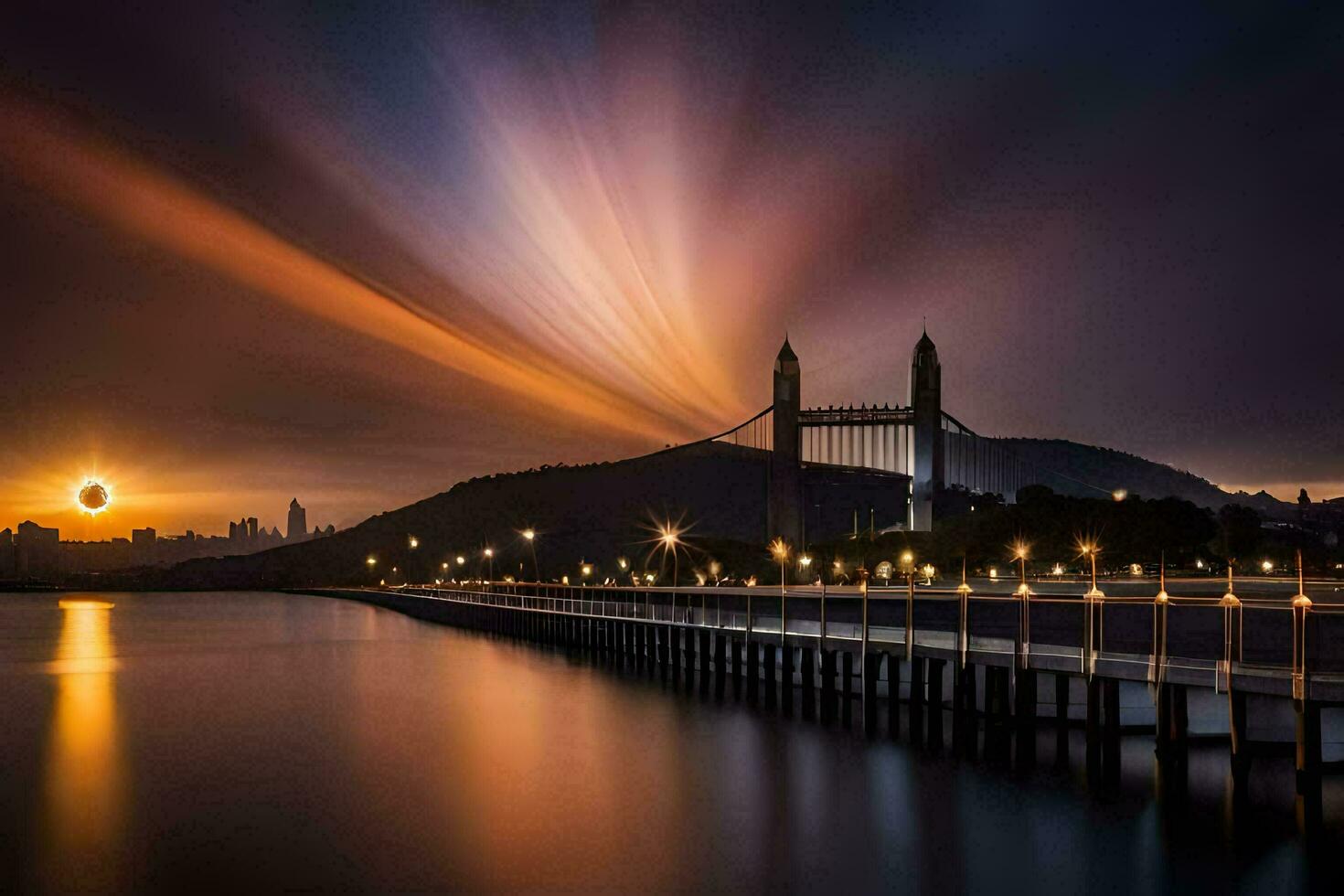 a Sol é configuração sobre uma ponte e cidade. gerado por IA foto