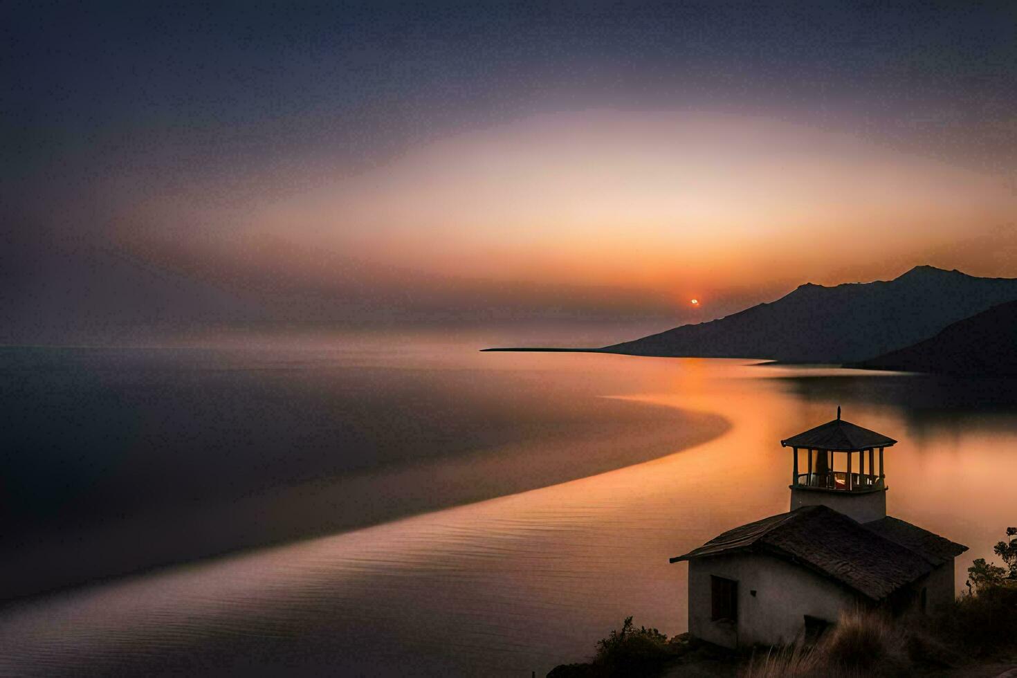 uma farol senta em a costa do uma lago às pôr do sol. gerado por IA foto