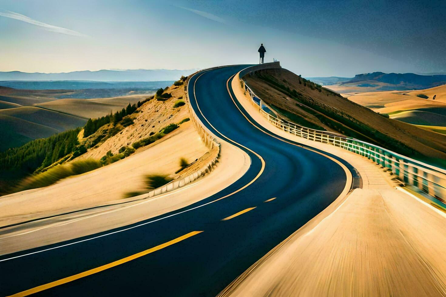 uma homem em pé em a lado do uma estrada dentro a meio do uma montanha. gerado por IA foto