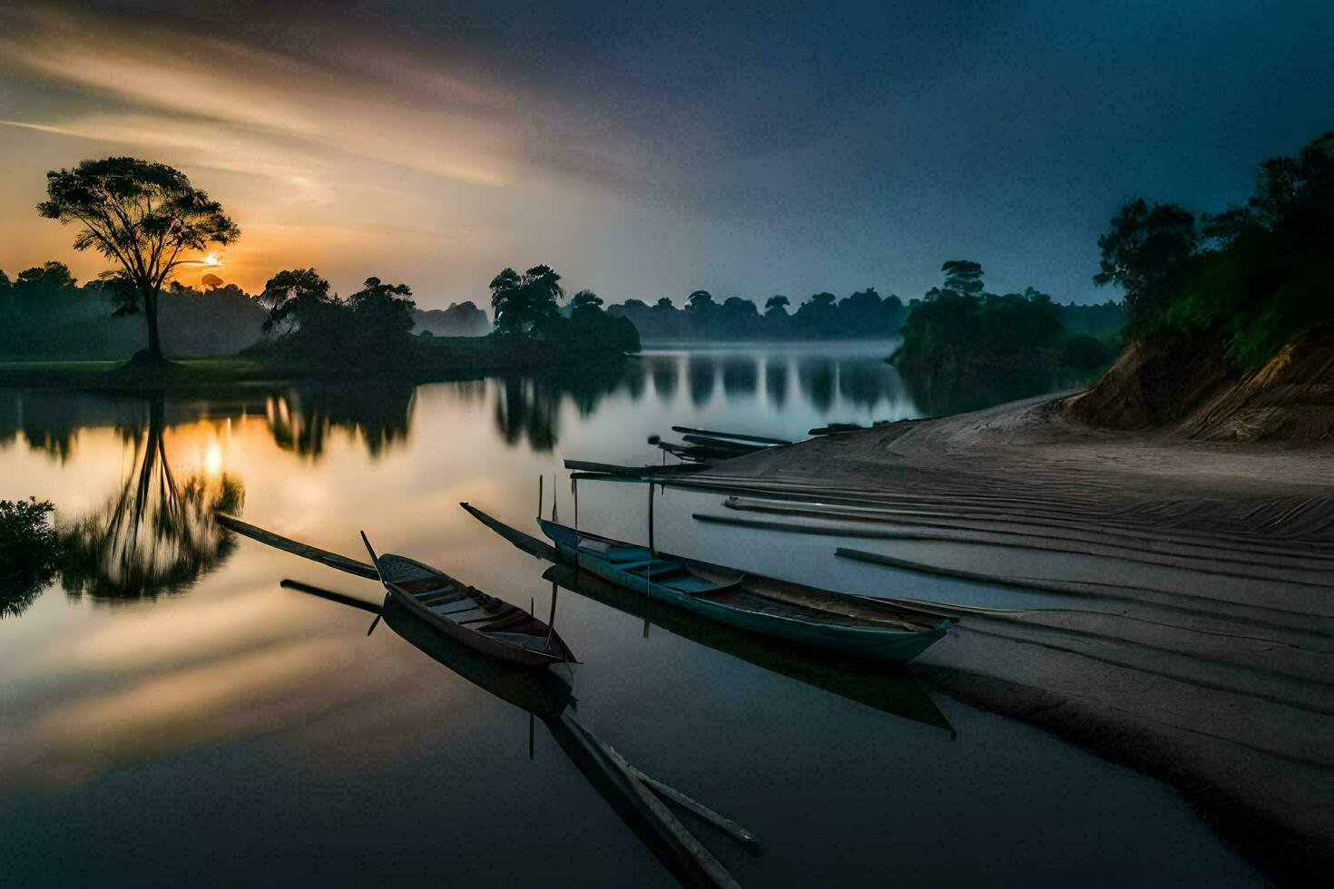 barcos em a rio às pôr do sol. gerado por IA foto