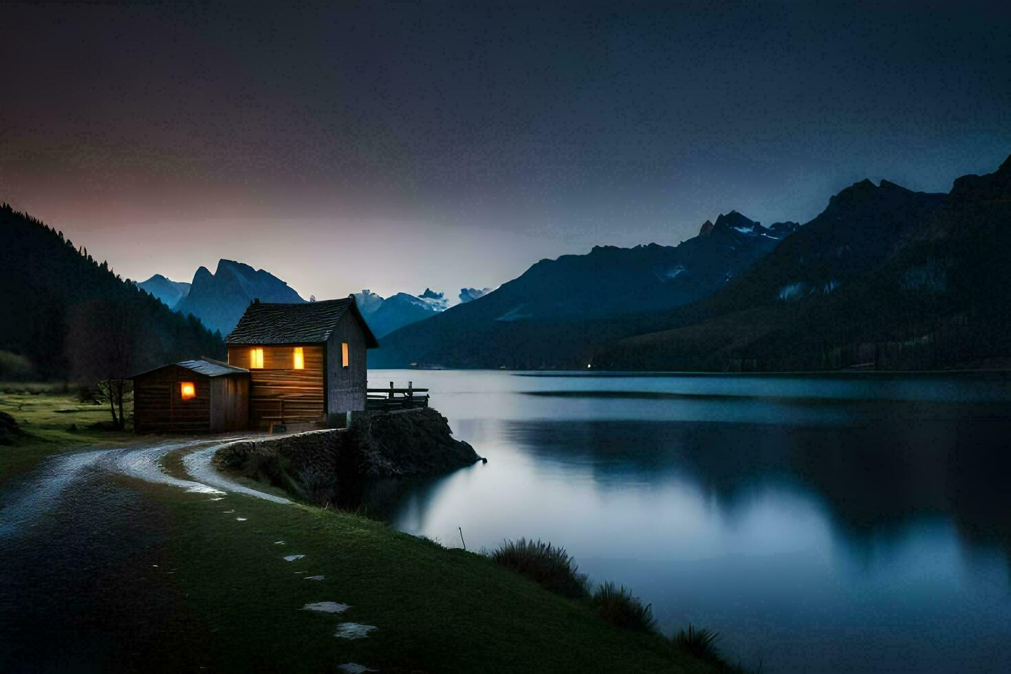 uma pequeno cabine senta em a costa do uma lago às noite. gerado por IA foto